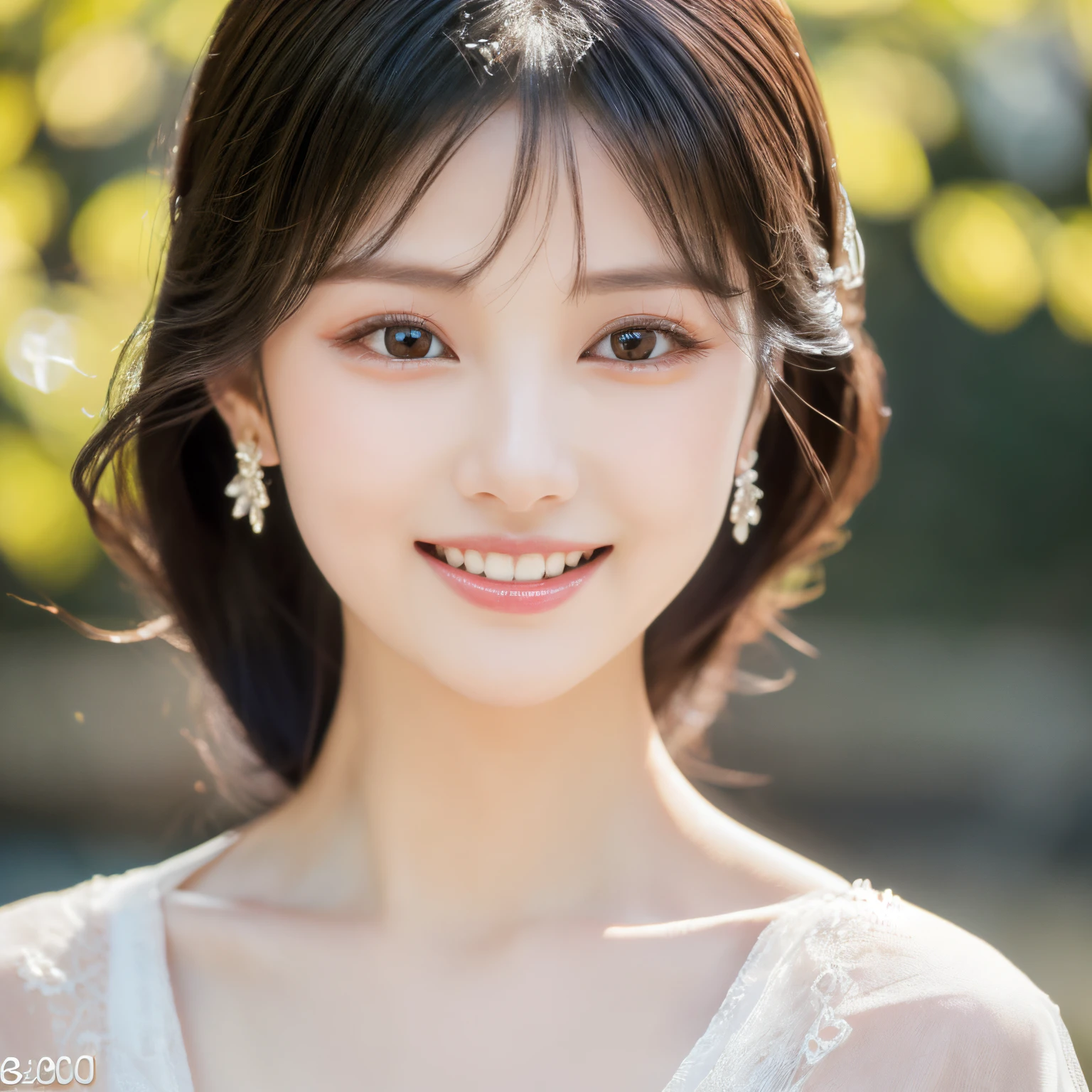 ((8k RAW photo:1.27)、of the highest quality、​masterpiece、超A high resolution:1.2) Photo of a cute Japanese woman (Beautiful:1.1))、Sparkling black diamond eyes、Detailed pupil description、Lustrous black hair、Delicate and glossy skin like silk、A smile with beautiful double teeth、Spring attire、Warm light、depth of fields、