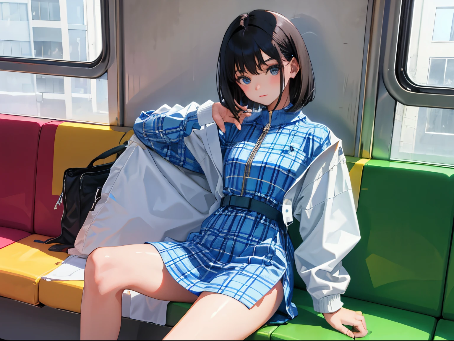 ,(masterpiece,Highest Quality),(plaid zip-up dress:1.4),shortsleeves,student clothes,A dark-haired,Medium bob,In the train car