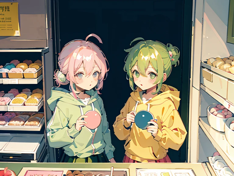 supreme， green down jacket，lime color hair，pink eyes，Standing on your feet，submachine gun，Detailed Genshin graphics，anime character design，anime concept art，pretty anime character design，anime character reference sheet，[Character design]，1girl in, ((Character information)、(Chara Leaf)、pastel dimmed colors, (Yellow color palette.:1.2, Blue:1.2, Pink:1.2), (Blue hair bun and blonde), Short fashionable skirt, Sitting on a throne of sweets and pastries, For example, doughnut, splash, candy, Lollipop, lollipop cane, a cake, cupcake, Cake Pop, Ruffles and lace, polka dot,(Lush pastel dresses), petite girl,Type sheet, Character Sheets, Three types，Shot Full Body，Game Character Design, green color, Green hoodie，