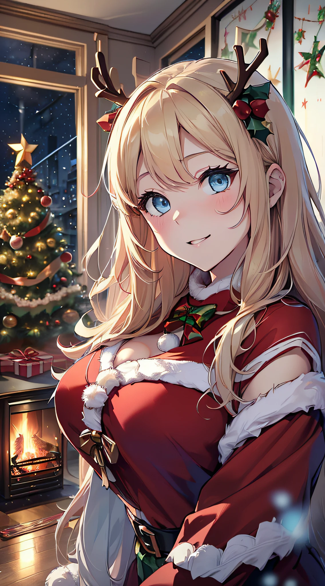 top-quality、Top image quality、masterpiece、teens girl((Christmas、Cute reindeer 、18year old、 Ager、Best Bust、big bast,Beautiful wide open light blue eyerest, a blond、A slender,Large valleys、dye one's cheeks red、Reflecting the whole body、Laugh、dance、red cloak、Shy face、embarassed face、sprawl)),hiquality、Beautiful Art、Background with((my stylish night room、Christmas Wind、Stove、Red carpet on the floor、fireplace、Christmas tree、Red bed、Kotatsu)))、masutepiece、depth of fields,
