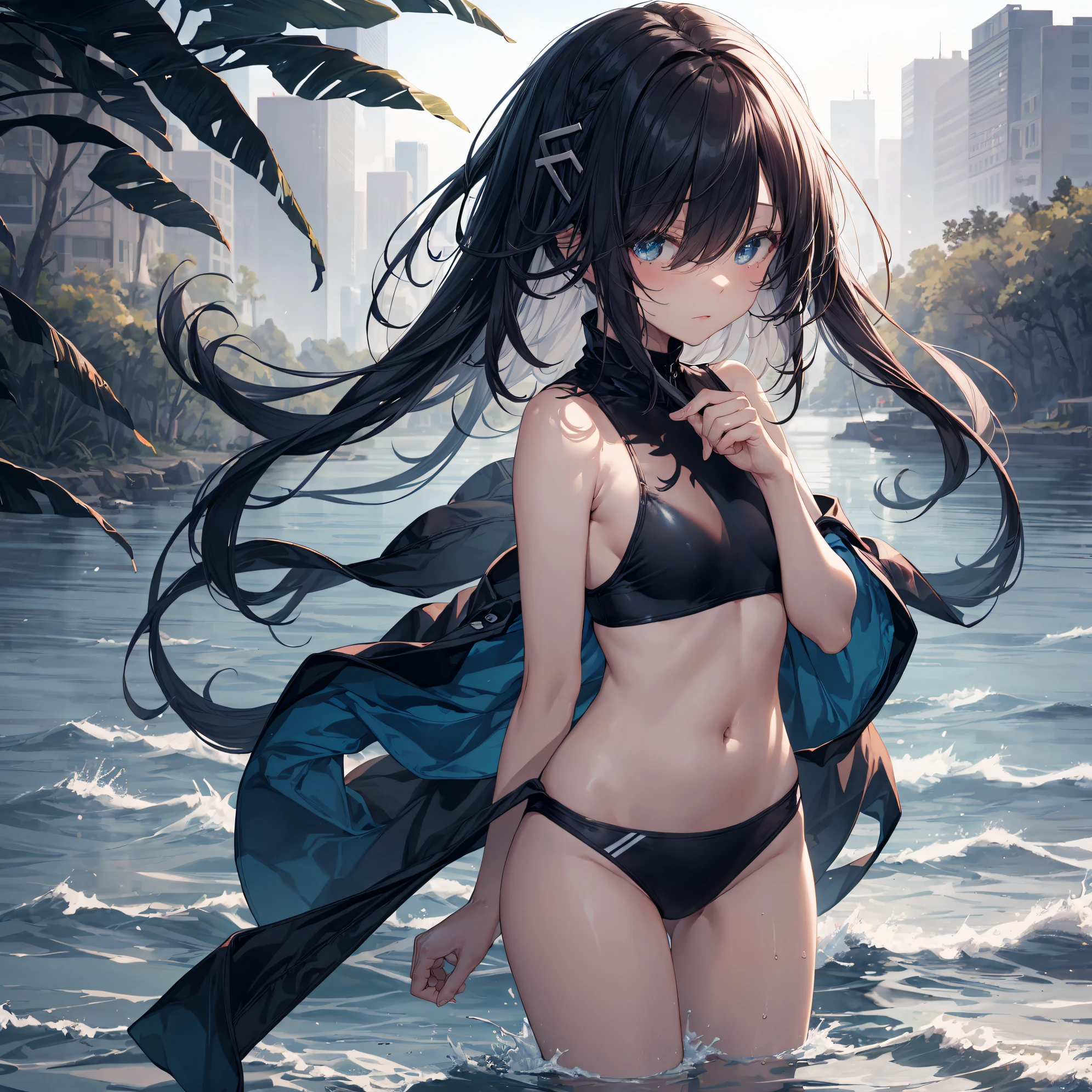 of the highest quality, anime moe art style,Best Anime 8K Konachan Wallpapers,Pixiv Contest Winner,Perfect Anatomy, BREAK,(Draw a picture of a girl in a swimsuit walking on the beach.),BREAK, 1girl is a beautiful girl with poor luck.,(Solo,Lori,child,14years:1.3),a junior high school student,Full limbs, complete fingers, short silver hair, Forehead, (Hair over one eye:1.4),Small breasts, Small butt, Beautiful detailed eyes, well-proportioned student,groin, Wet, Shiny skin, Cowboy Shot, hair clips, Swimsuit, in beach.BREAK,Ultra-detailed,High resolution,super detailed skin,
Best lighting by professional AI,Illustration,