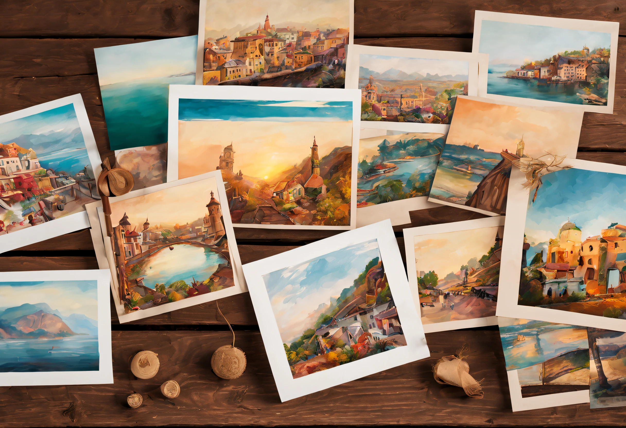 best quality,highres,masterpiece:1.2,ultra-detailed,realistic,exhibition of a collection of travel postcards,artistic,retro,vintage,postcard-style,old-fashioned,hand-painted,illustration,scenic landscapes,nostalgic,adventure,exploration,detailed brushstrokes,wanderlust,global destinations,world exploration,travel memories,authentic cultural experiences,warm color tones,natural lighting,unique perspectives,bokeh,exotic locations,beautifully weathered,faded edges,art gallery,displayed on a wooden panel,fine art prints,wall-mounted,classic vintage frame,culturally diverse,memorable journeys,world wonders,hidden gems,beauty in simplicity,travel storytelling