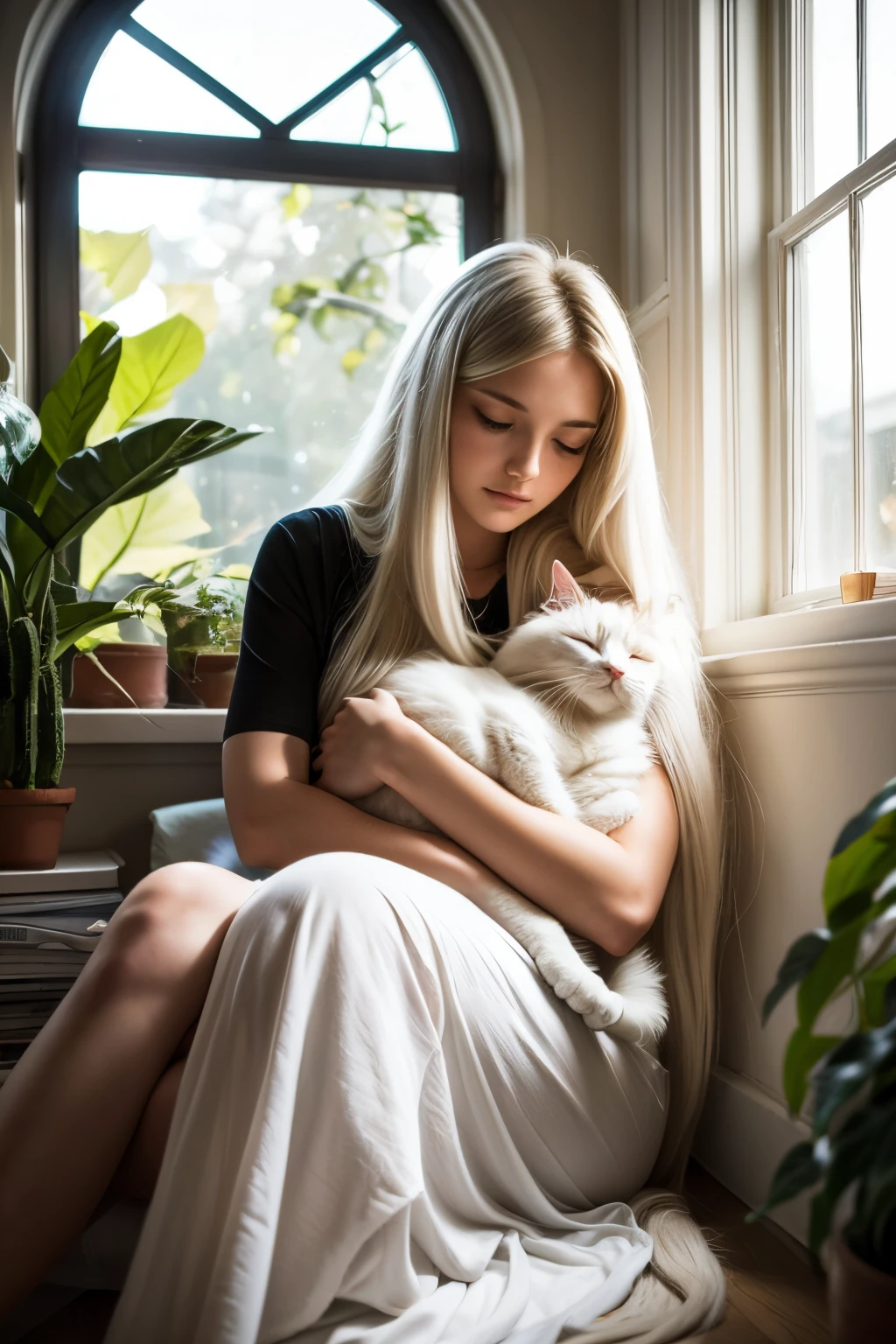A stylish white long-haired cat is sleeping on the lap of a 20-year-old woman. There are stylish lamps and plants in the background, and warm sunlight is shining through the window.