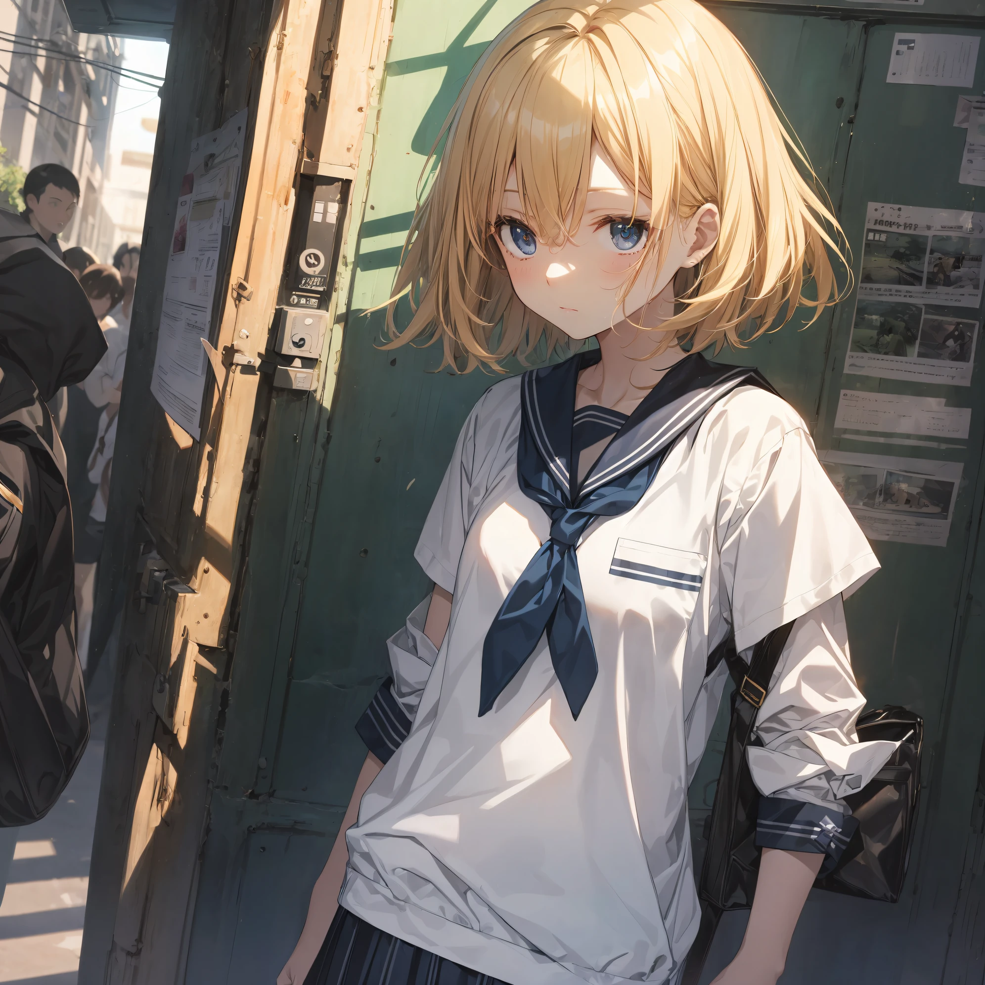 best god quality, Ultra-detailed, anime moe art style,Best Anime 8K Konachan Wallpapers,Pixiv Contest Winner,Perfect Anatomy, (Draw a girl sleepily walking to school. ),BREAK, 1girl is a cool beautiful girl, (Solo,Lori,child,13years:1.3),a junior high school student, Androgynous attraction, (Center part very short hair),hair messy, Forehead, Full limbs, complete fingers,flat chest, Small butt, groin, Small eyes,Beautiful detailed black eyes,Well-proportioned iris and pupils,disgusted eye, School uniform, Skirt,On the way to school. BREAK,High resolution,super detailed skin, Best lighting by professional AI, 8K Illustration,