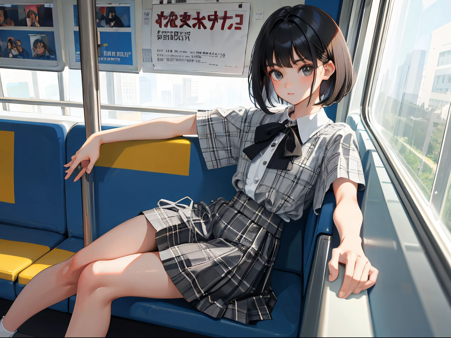 child,(masterpiece,Highest Quality),(Grey Plaid Mini Skirt),Blouse with short sleeves,student clothes,A dark-haired,Medium bob,In the train car