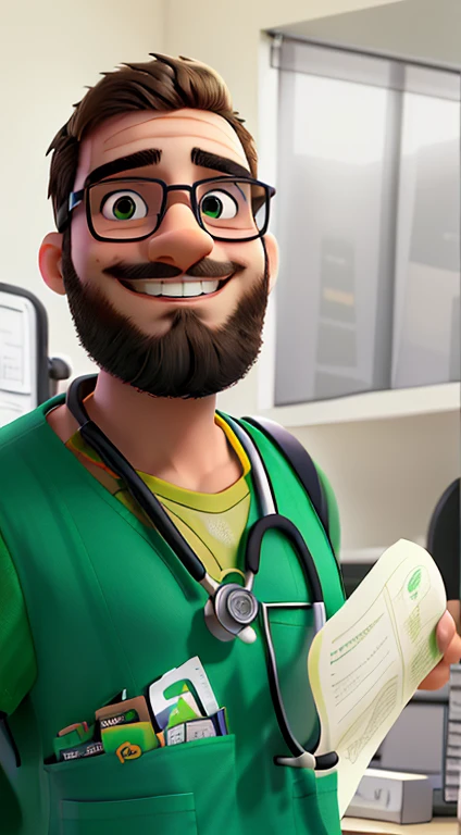 A young man with a beard smiling and wearing glasses standing in front, illuminated by the light of a lamp, contra o plano de fundo de um hospital, wearing a green apron with a stethoscope around his neck and a paper in his left hand