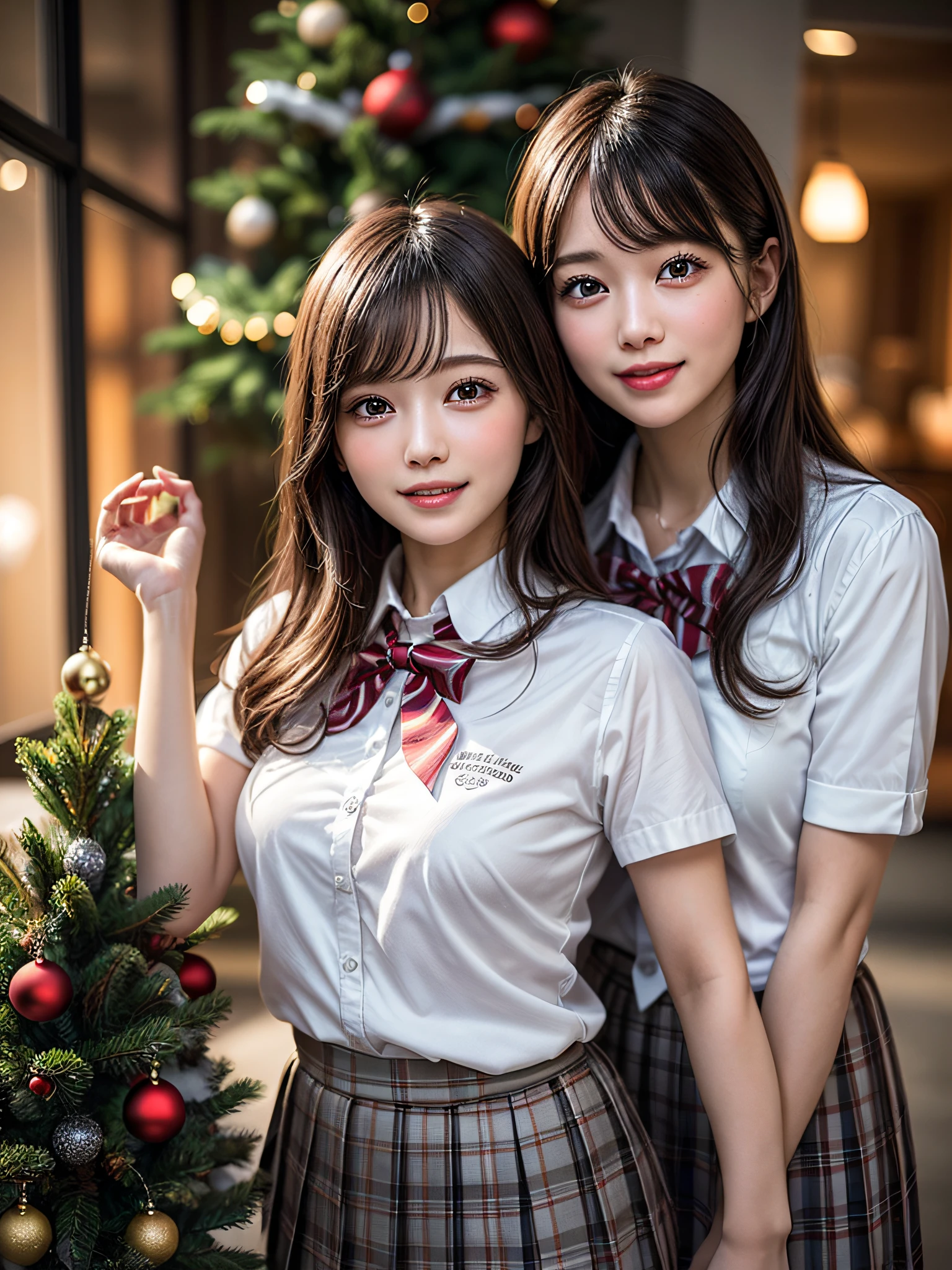 (2girls:1.4), Extremely cute, amazing face and eyes beautiful nice smile), (extremely detailed beautiful face), bright and shiny lips, (School uniform, Pleated skirt:1.3), (Best Quality:1.4), (hyper quality), (Ultra-detailed), (Hyper-realistic, Photorealsitic:1.37), Authentic skin texture, intricate-detail, extremely detailed CG unified 8k wallpaper, RAW Photos, professional photograpy, Cinematic lighting, Exposing, Christmas tree, Christmas Ornaments, Christmas Decorations, Christmas Lights, christmas lights, Glittering, Wrapped in love, happy feeling,