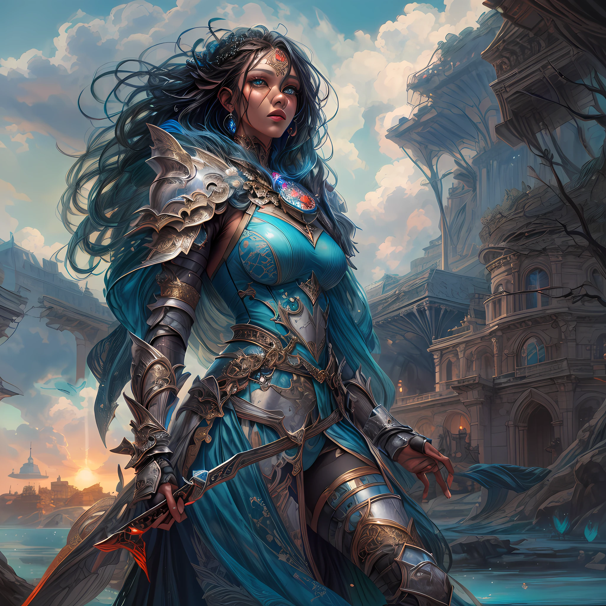 fantasy art, dnd art, RPG  art, wide shot, (masterpiece:1.3), full body intense details, highly detailed, photorealistic, best quality, highres, portrait of a  exotic race female (fantasy art, Masterpiece, best quality: 1.3) (blue colored skin: 1.3), intense details facial detail fantasy art, Masterpiece, best quality)cleric,  (blue colored skin: 1.3) 1person blue_skin, (bold head: 1.4), intense green eye, fantasy art, Masterpiece, best quality) armed a fiery sword red fire, wearing heavy white half plate mail armor LnF wearing high heeled laced boots, wearing a blue cloak within fantasy temple near river background and sun and clouds, reflection light, high details, best quality, 16k, [ultra detailed], masterpiece, best quality, (extremely detailed), dynamic angle, ultra wide shot, photorealistic, RAW, fantasy art, dnd art, fantasy art, realistic art,