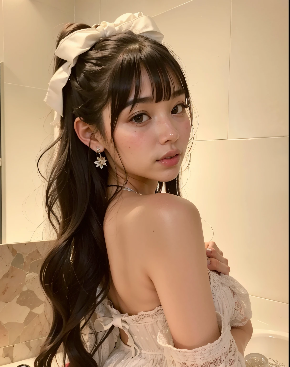 There is a young woman with a bow in a bathroom., Lalisa Manobal, Shikamimi, Chiho, ulzzang, Peinado blanco de corte hime, El Corte Hime, Yoshitomo Nara, Cabello largo con flequillo completo, Sakimichan, Pelo largo con flequillo, Hermosa Delphine, Cabello limpio con flequillo