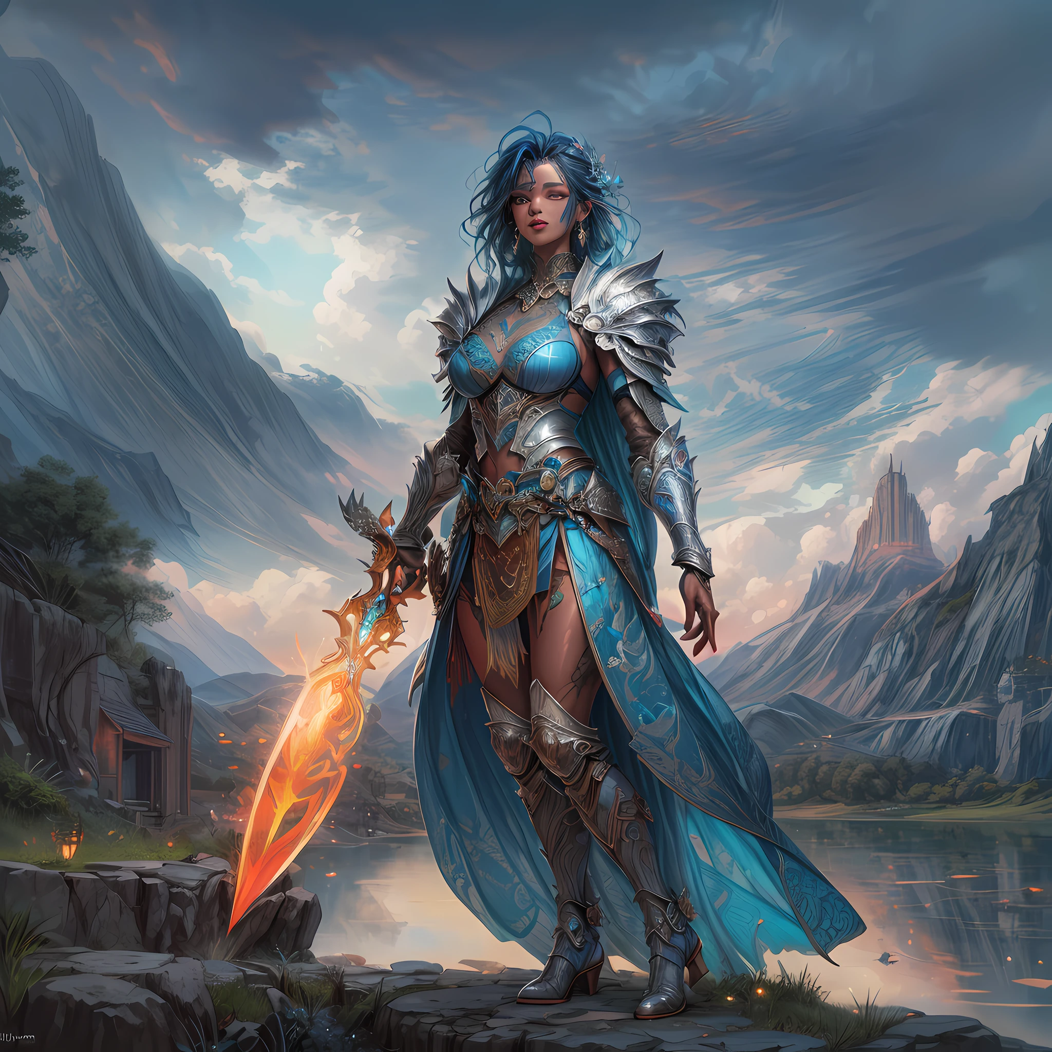 fantasy art, dnd art, RPG  art, wide shot, (masterpiece:1.3), full body intense details, highly detailed, photorealistic, best quality, highres, portrait of a  exotic race female (fantasy art, Masterpiece, best quality: 1.3) (blue colored skin: 1.3), intense details facial detail fantasy art, Masterpiece, best quality)cleric,  (blue colored skin: 1.3) 1person blue_skin, (bold head: 1.4), intense green eye, fantasy art, Masterpiece, best quality) armed a fiery sword red fire, wearing heavy white half plate mail armor LnF wearing high heeled laced boots, wearing a blue cloak within fantasy temple near river background and sun and clouds, reflection light, high details, best quality, 16k, [ultra detailed], masterpiece, best quality, (extremely detailed), dynamic angle, ultra wide shot, photorealistic, RAW, fantasy art, dnd art, fantasy art, realistic art,