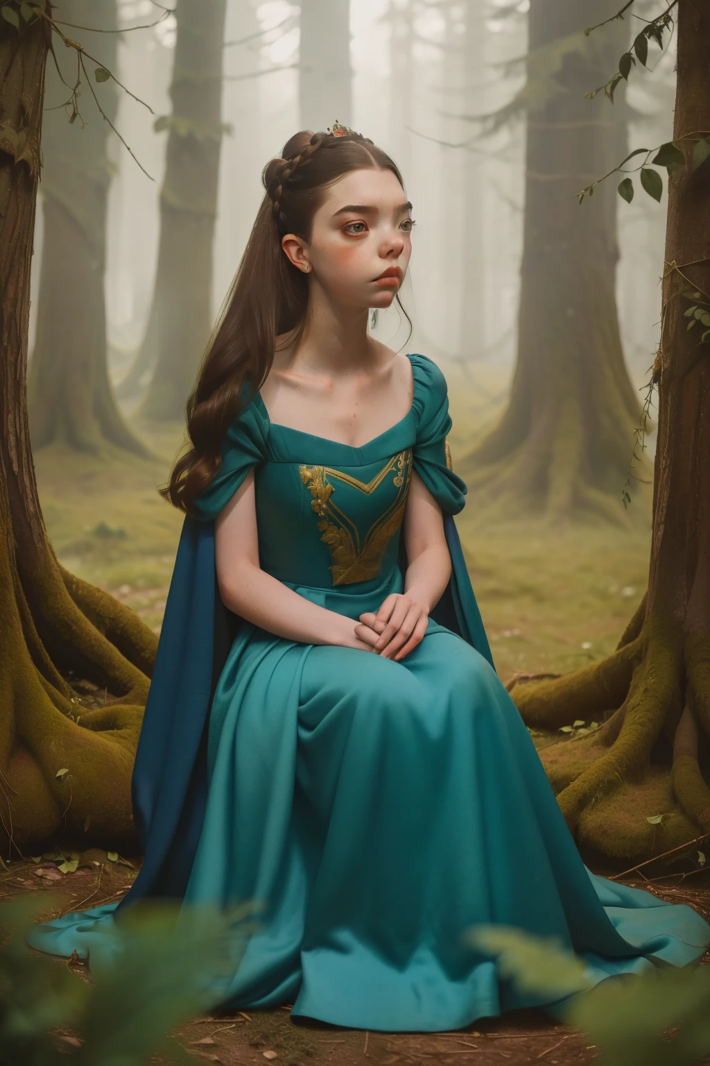 1135, England. otherworldly scene in a forest, ((((27-year-old)) Anya Taylor-Joy)), brunette, sad and smug look, telling her story, ((((poor gown from the 12th century)))), ((Hairstyle of the 12th century)), ((Wes Anderson cinematic style)), colorful