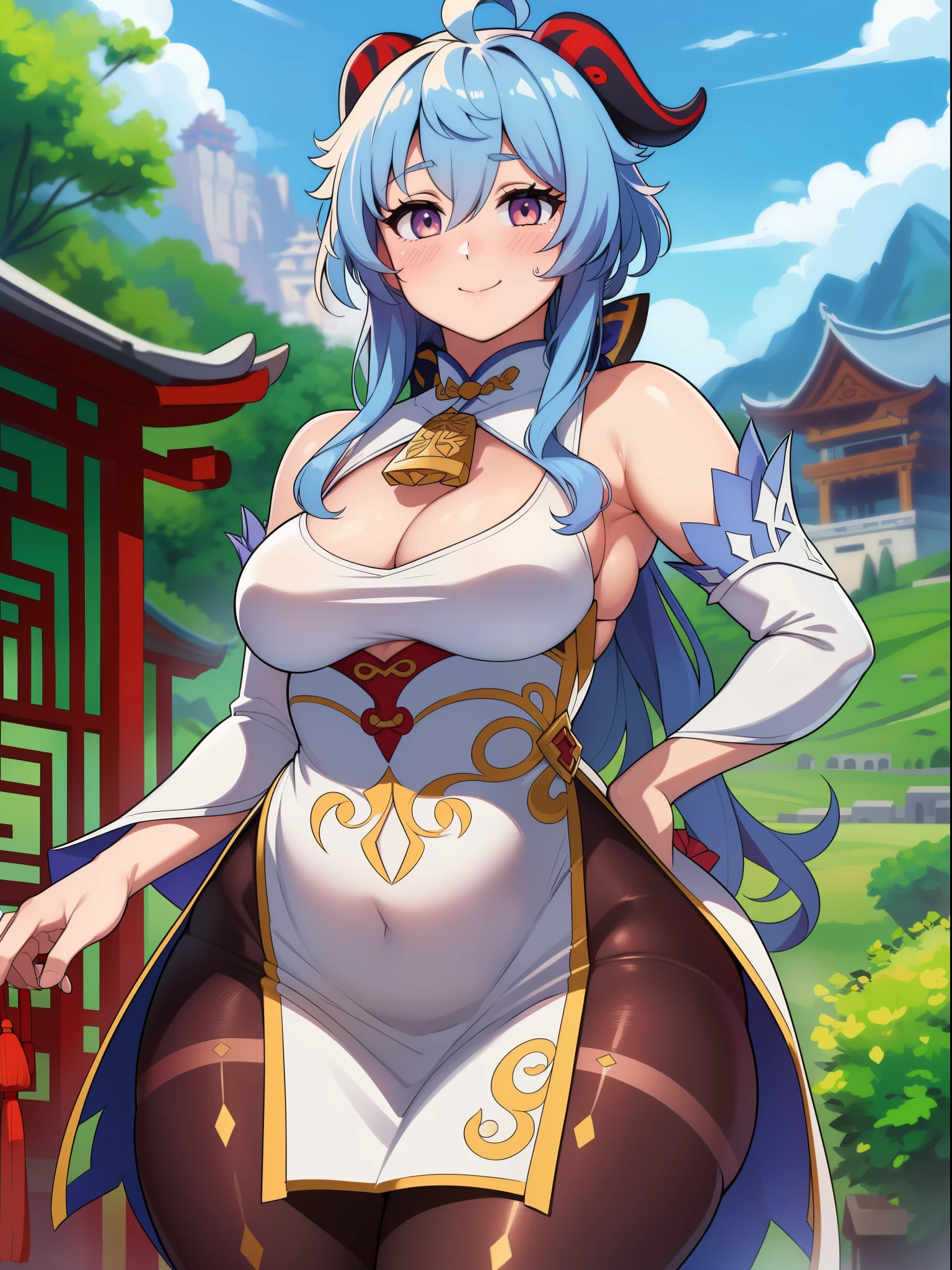 ((high reasterpiece), perfect anatomy, perfect shading, field of depth, (best quality), extremely delicate and beautiful, perfect lighting, detailed face, ultra cute face, cute, (cowboy shot 1.2), looking at viewer, ((1girl)), ((solo)), genshin impact ((Ganyu)),
((blush)), shy, smile, (small breasts), ((wide hips)), ((thick thighs)), curvy, (white chinese dress),
chinese architecture, temple, outside, mountains, intricate background, detailed background, cute pose,