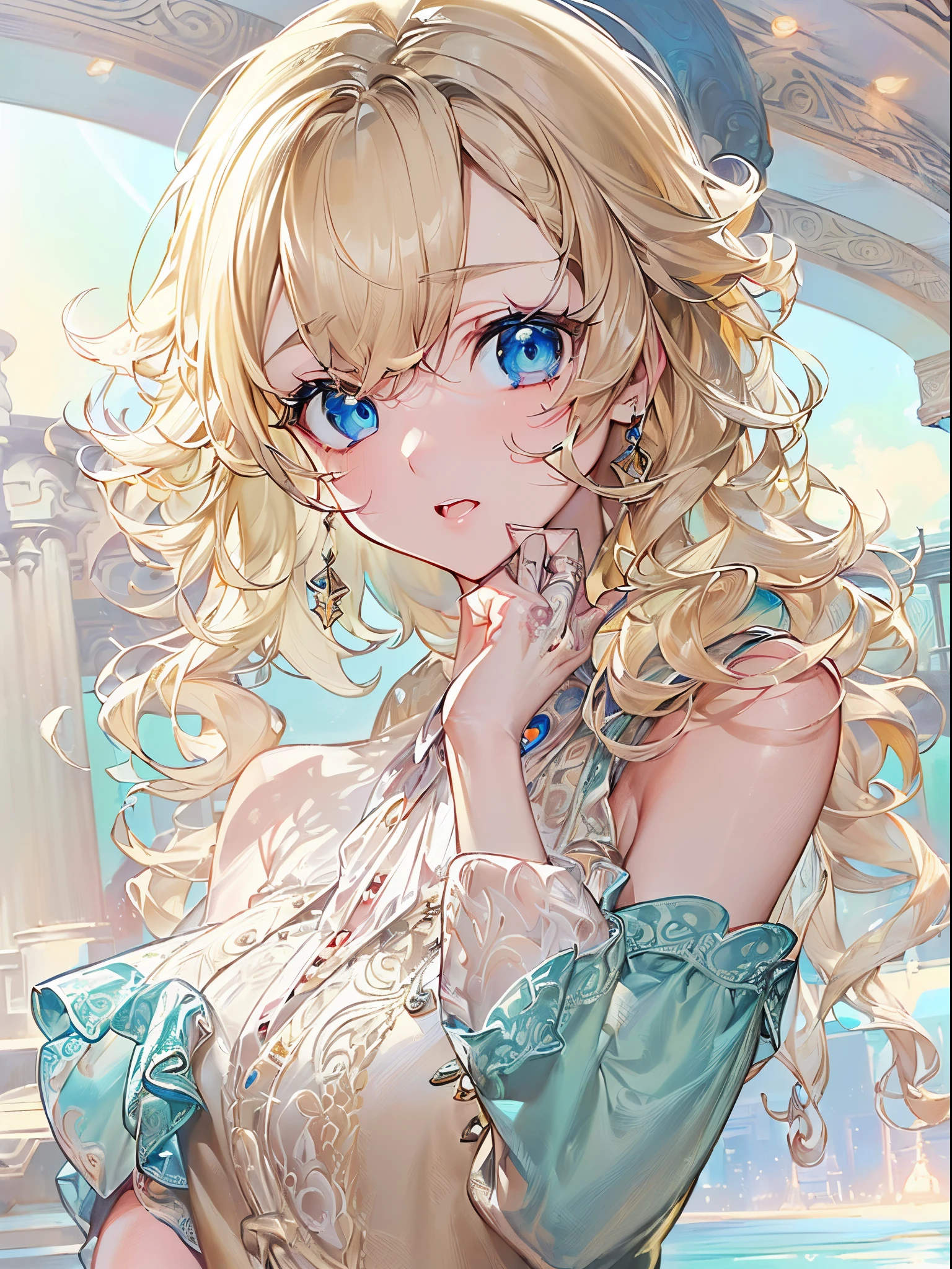 ((Finest quality)),(超A high resolution),(ultra-detailliert),(Meticulous portrayal),((Best Anime)),(Finest works of art),(Ultra-Precision Art),(The art of astounding depiction,Overwhelming depiction:1.5),(intricate and detailed art:1.6), (1 adult female:1.5),(blouse:1.6),(Glowing blonde hair:1.3),(clear blue eyes:1.5),