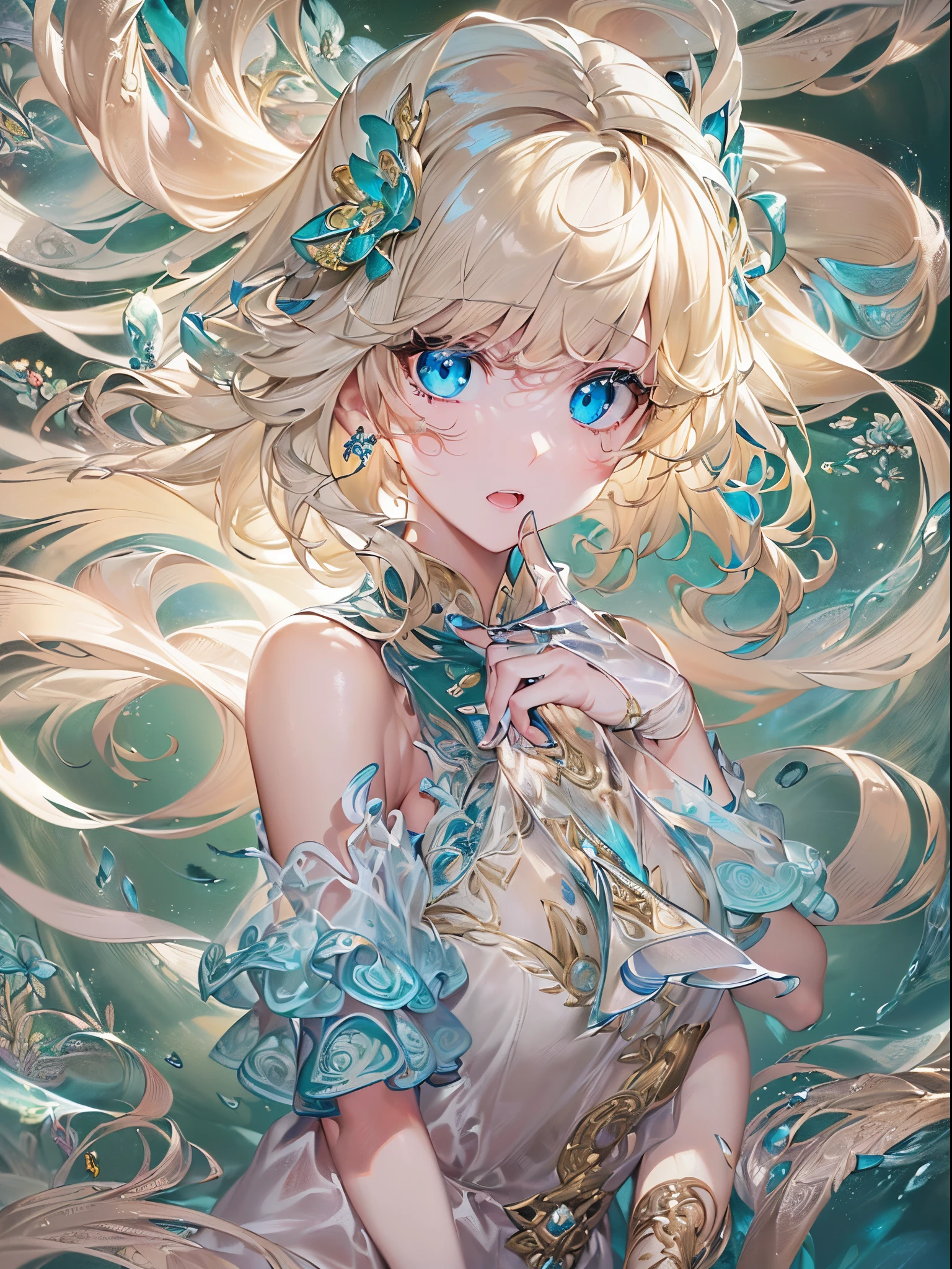((Finest quality)),(超A high resolution),(ultra-detailliert),(Meticulous portrayal),((Best Anime)),(Finest works of art),(Ultra-Precision Art),(The art of astounding depiction,Overwhelming depiction:1.5),(intricate and detailed art:1.6), (1 adult female:1.5),(blouse:1.6),(Glowing blonde hair:1.3),(clear blue eyes:1.5),
