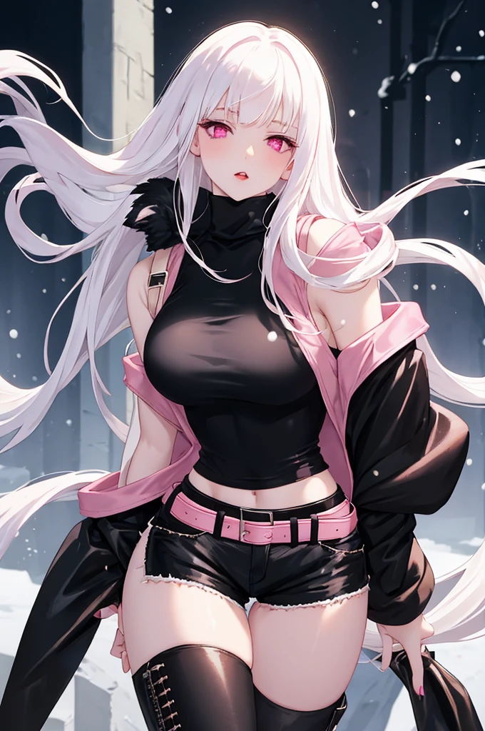 Kokomi(genshin impact), extremely detailed, 1 girl,snowy, winter,(((grey sweater ))),(((very tiny mini skirt))),realistic anime, 4k, wallpaper, smiling,wide hips, full body, pink hairs, small breasts, cleavage cutout,(((belly cutout))), abdomen cutout, naval, see through,(((skirt lift))), ((( cameltoe))), ((stockings))
