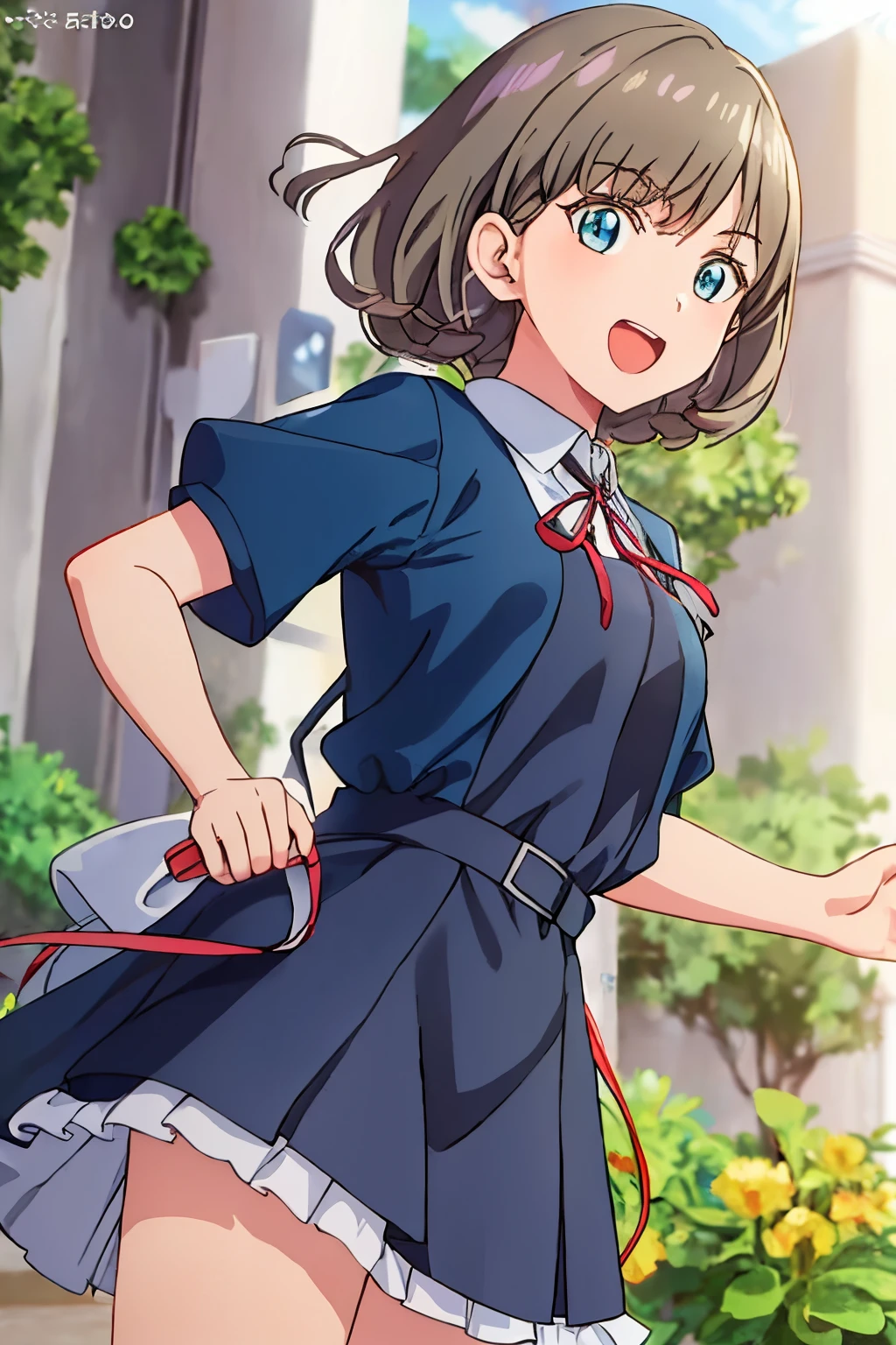 (depth of field: 0.75), \\ (cowboy shot: 1.4), blue (uniform: 1.4), pleated clothing, girl, bangs, :d, brown hair, blue eyes, pleated dress, earrings, neck ribbon, short hair, outdoor, {evening}, (blurry: 1), {{line art, anime screenshot}}} low Saturatury action, (noise:1)