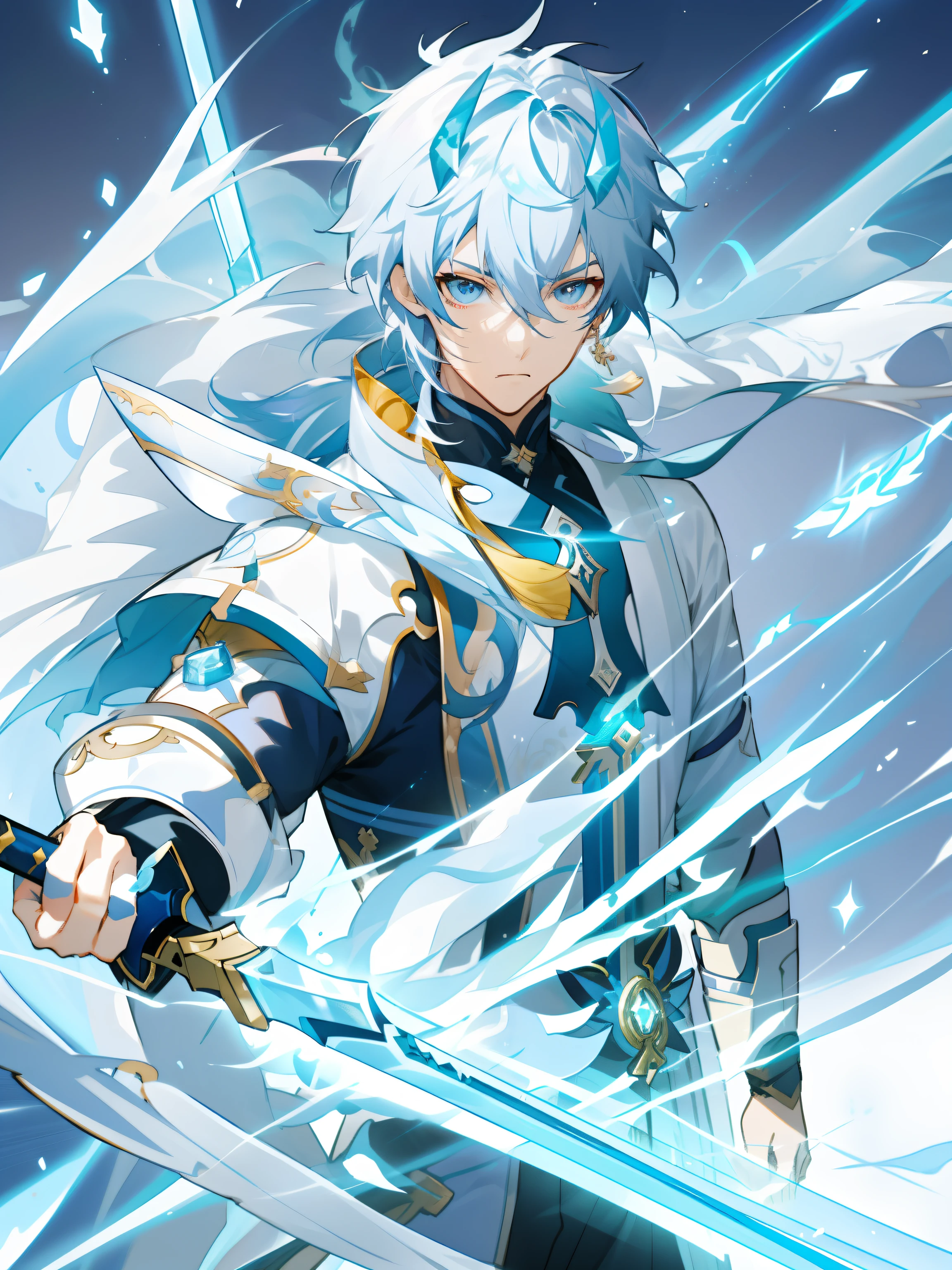 Close-up of man holding sword on blue and white background, 《the original god》Keqing in, Illustrations by Soejima Shigenori, trigger anime artstyle, Epic animation of Energy Man, holographic blade!, Key anime art, This character has the ability to freeze, male anime characters, anime fencer, 《the original god》Zhongli in Zhongli