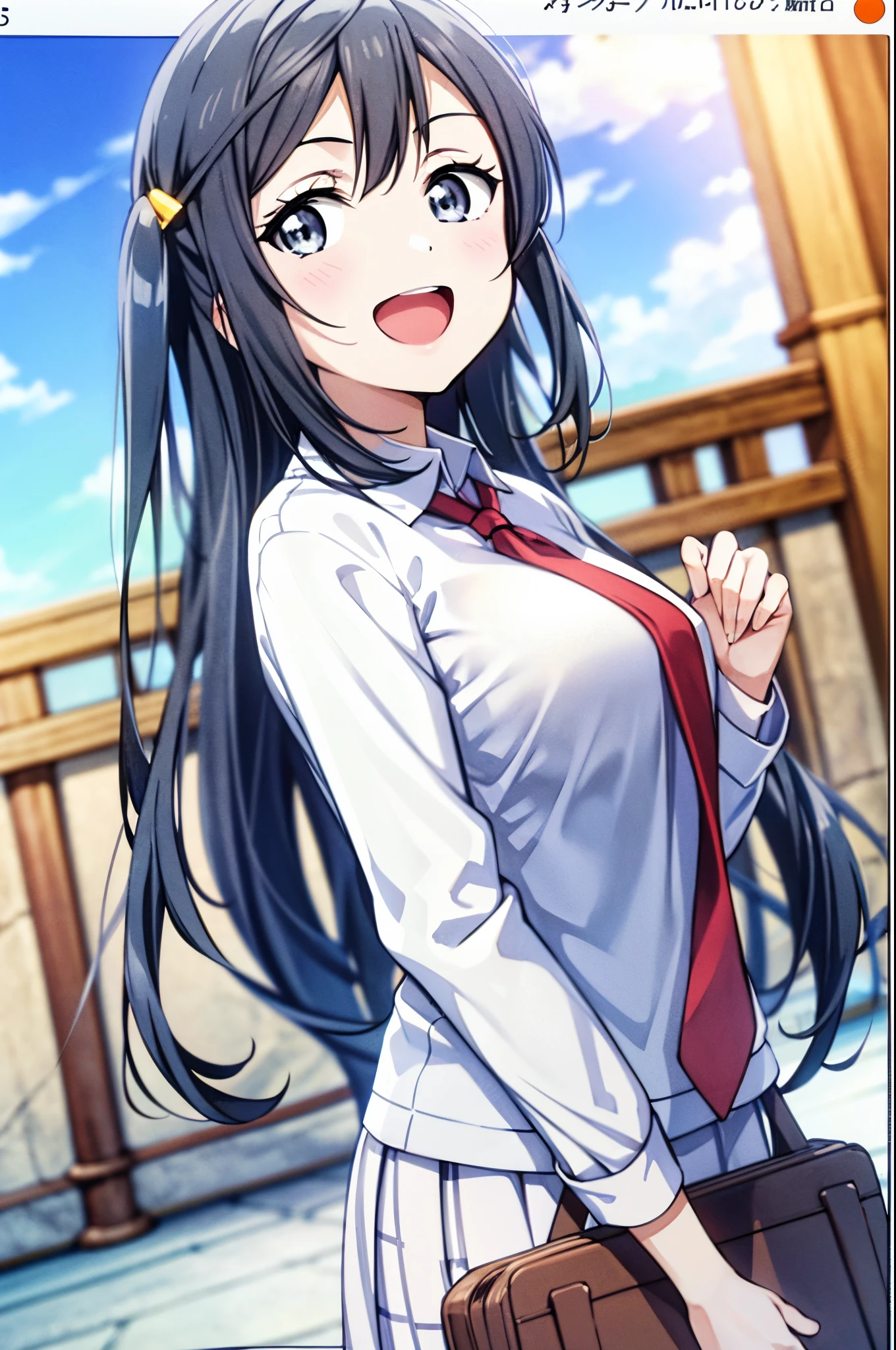 (Best Quality, masutepiece:1.2), 1girl in, Solo, Anime, anime screen cap,  Ray tracing, Global Illumination, Super-resolution images, Vivid Color,  Cinematic Light,  Lens Flare,  Light on Face, gloweyes,  depth of fields, Happy, Detailed background, Cute,  straight-on, Smile, Looking at Viewer, Outdoors, skyporn, cloud, 
 Yuki Yukizuna, Upper body