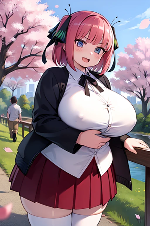 masterpiece, best quality, ultra-detailed, glistening shiny, glowing light, ray tracing, HDR, deph of field, (perfect face, detailed face, detailed eyes,perfect hands),(medium boobs:1.2),8k,HD,ultra realistic face,ray tracing,perfect lighting,best quality, ultra-detailed, shiny eyes, (looking at viewer,open mouth smile:1.1), ((1girl)), (mature female:1.4),cowboy shot,thighs,pov,
obese nino,short hair,((gradient hair)),multicolored eyes, gradient eyes, (glowing eyes:1.1), mascara, (fashion make up), parted lips,butterfly hair ornament,skirt, shirt,long sleeves, ribbon, school uniform, hair ribbon, white shirt, pleated skirt, open clothes,collared shirt,blunt bangs, obese body, white thighhighs,leeves past wrists, dress shirt, black ribbon,leeves past wrists, dress shirt, black ribbon, black cardigan,
((middle of japanese countryside,japanese bridge,over the bridge,river,cherry trees,cherry petals,dark blue sky,Koi on river)),(complex background, many elements in the background:1.2),((super detailed background)), mistress poses, ((8k wallpaper)),