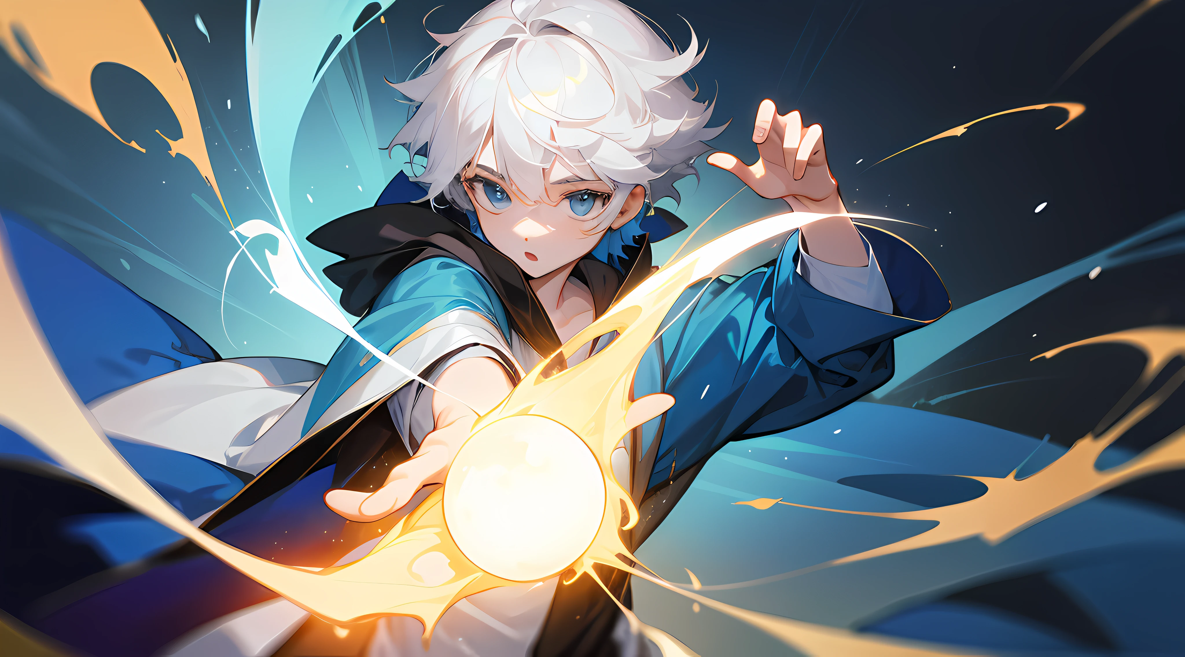 1 boy, White hair, eBlue eyes, casting magic, 4K, high detal, Teenage uncensored