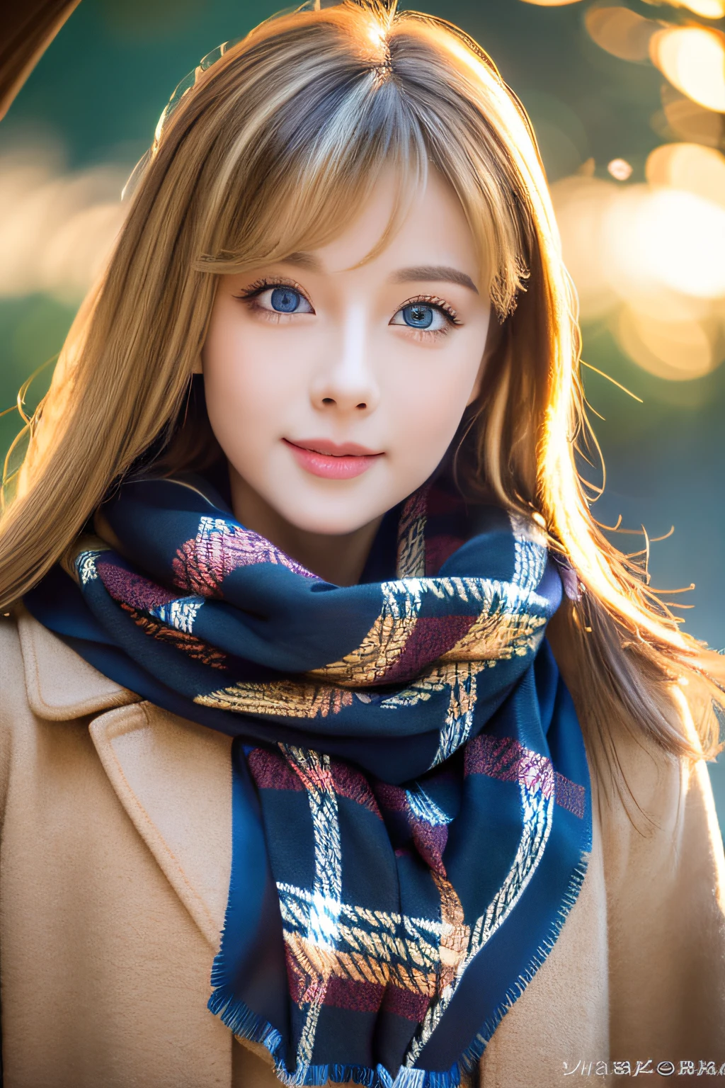 masutepiece, Highest Quality, ultra-detailliert, High resolution, (Ink painting style), Good anatomy, 1 beautiful woman, exquisitedetails, Highest quality 8K resolution, Vibrant colors, Soft tones, With warm and gentle lighting, (Beautiful plaid scarf:1.3), pleated pink ruffle ribbon dress), (Brown long coat:1.2), early evening, Big sunset,(Smooth straight blonde hair:1.2), (Hair parted in the middle:1.3), (Glowing hair), (Dark blue eyes:1.3), White skin, hair clips, Overflowing soft and gentle feelings, (The promenade is full of flowers), The sun's rays illuminate joy and pure love, Warm golden glow, The atmosphere is full of happiness and laughter, As if celebrating love, Sticking to ultra-detailed depictions and vivid colors, In a style that blends romanticism and realism, You can feel the depth of love, color palettes, Create an ethereal atmosphere like a dream, and the lighting is soft and diffused, Shine a gentle light on your face, The artwork is a masterpiece, best light, Best Shadow, Mysterious, Perfect face, Highly detailed,