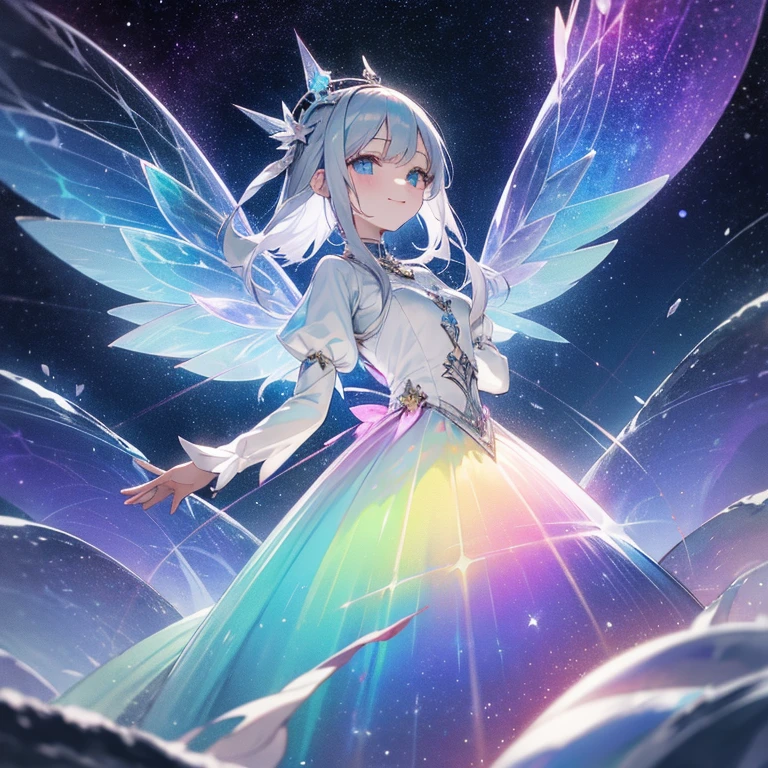 girl with,Longer dress,pale aurora dress,aurora's eye,Silvery hair,Silvery crown,icy,Transparent rainbow-colored and silver fairy wings,PastelColors,Aurora Color,Using magic,Gentle,Sparkling smile,Fantasia,faerie,Dreamy,myterious,cute little,Winters,Silver World,shimmered,stele,constellation,In a fantastic magical forest,full of magic,night sky full of stars,rainbow aurora,Best Quality,high-level image quality