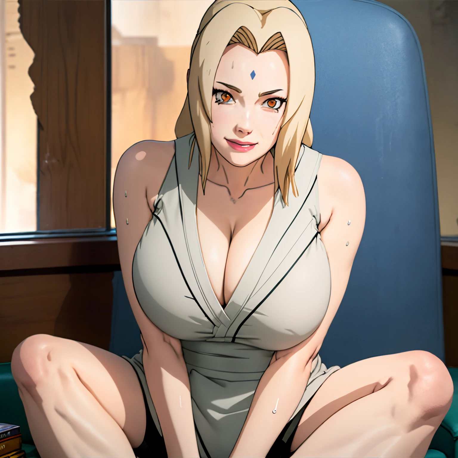 Blonde, anime screencap, very huge tits, white panties, animated, whole body, breast squeeze, sweat, girl,woman,female, mature,30 years old, Authentic and detailed face, smile, heart-shaped_pupils, bare_shoulders, huge_breasts, thighs, sailor suit, black_skirt, high_heels, skindentation, cleavage_cutout, bare_legs, white Clothes, indoors, very fine 8KCG wallpapers,