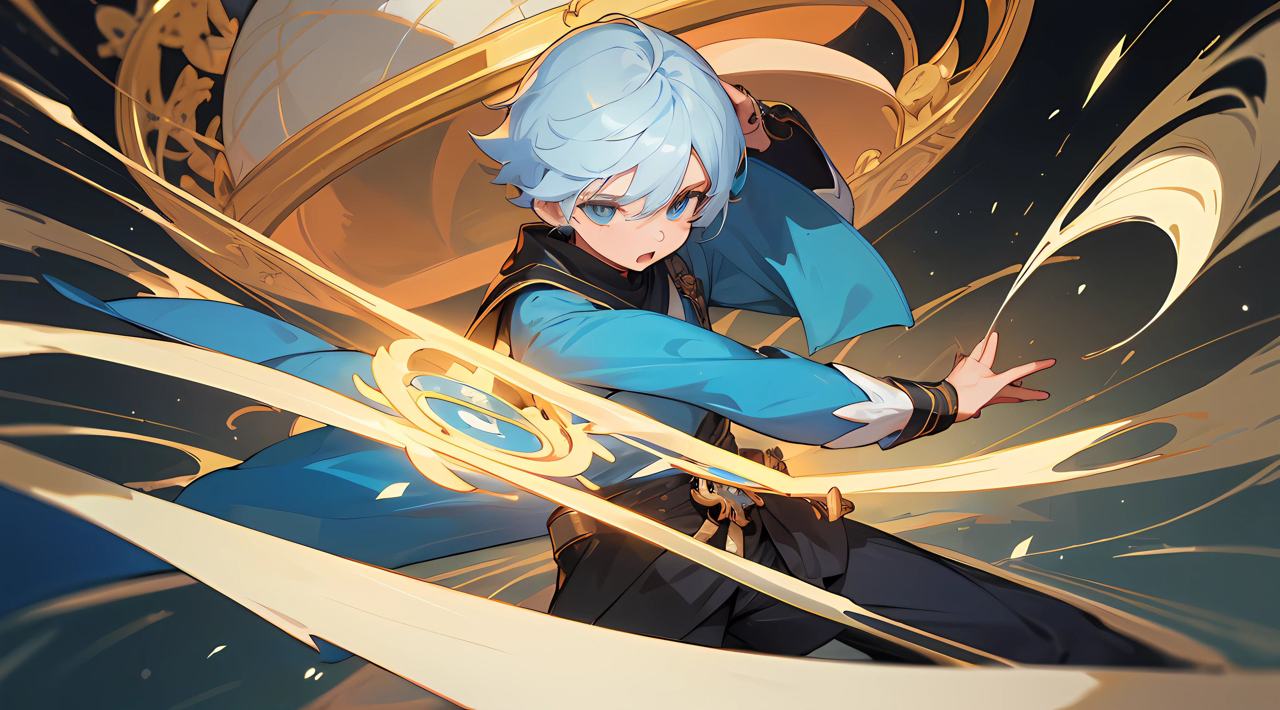 1 boy, White hair, eBlue eyes, Hold a sphere, 4K, high detal, Teenage uncensored, Beautiful boy, With a sword