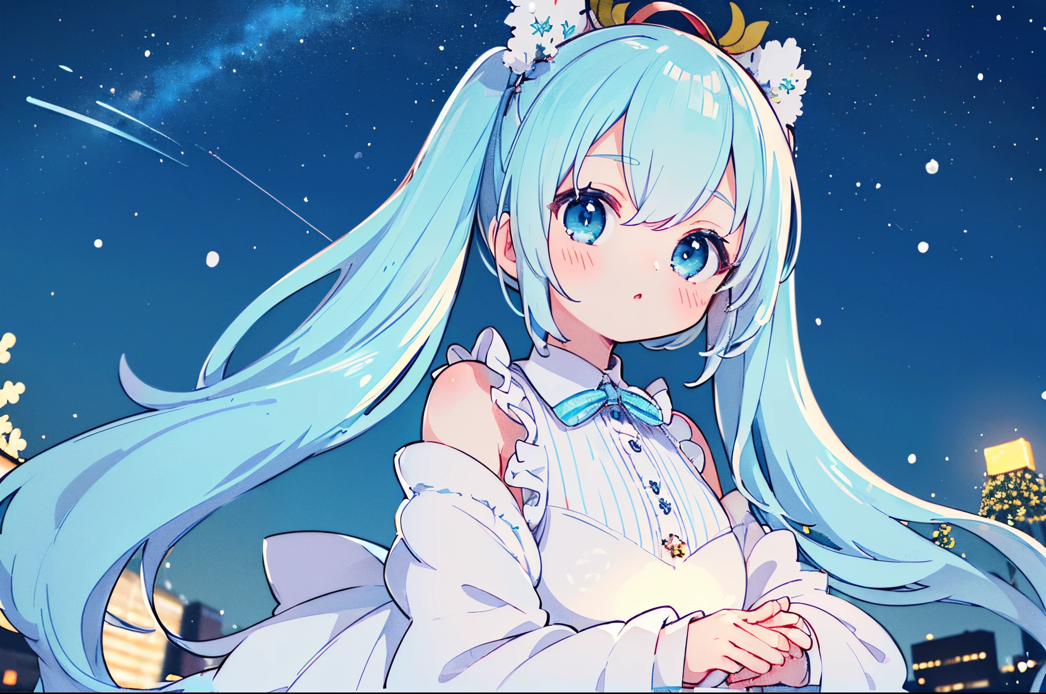 (((masutepiece))), (((Best Quality))), ((Ultra-detailed)), (Illustration), ((extremely delicate and beautiful)),((Yuki Miku, Light blue hair,Blue eyes, Twin-tailed)), Lori,Character Focus,Snow,nigh sky,starrysky,Colorful,illumination,Beautiful background, Christmas tree, Dutch Angle,Solo Focus,look up sky,cinematic scene、City lights