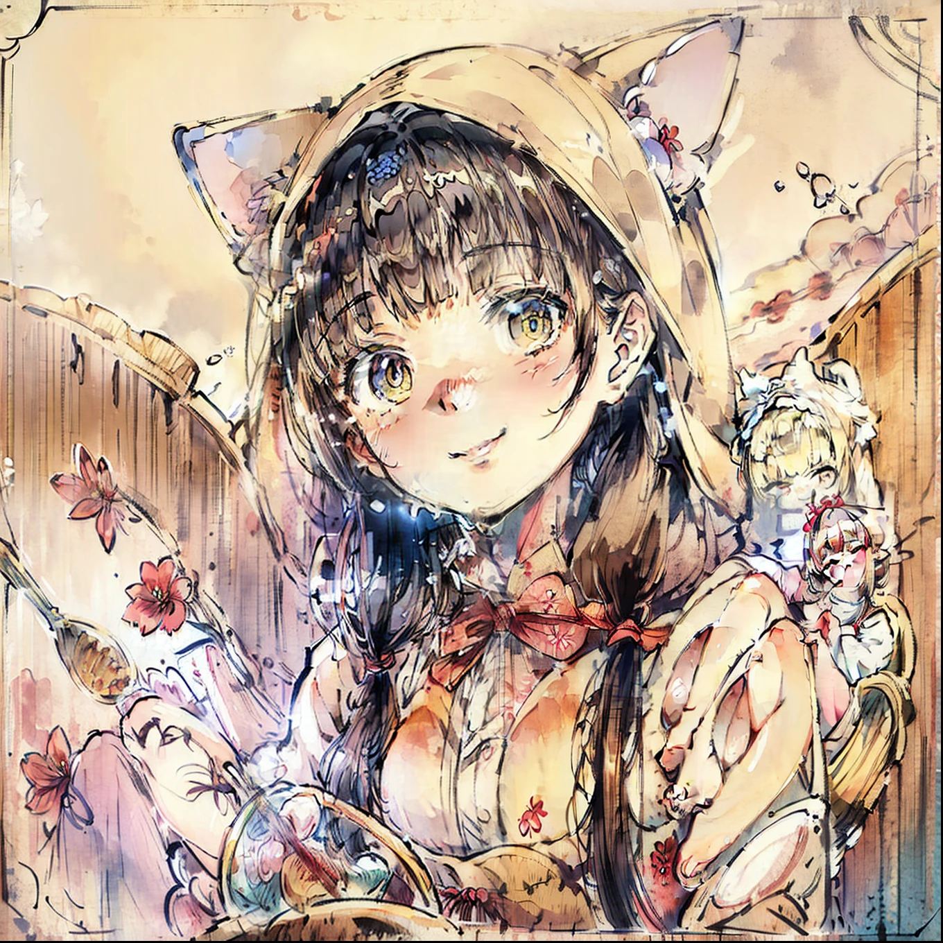 (top-quality、​masterpiece)、A stunning、a cute little cat、Floral dress、pinafore、foods、Warm smile、Hourglass diagram、Floral dress、pinafore、foods、