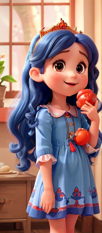 a little lovely ??? girl，Long curly hair，red little face，Mouth that smiled，blue princess dress