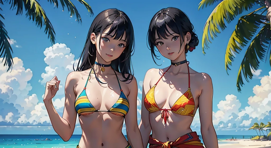 ​masterpiece、top-quality、超A high resolution、 [ 4 k digital art ]!!、 8k high quality detailed art、Wallpaper、 Detailed Digital Anime Art、Realisticity、Cinema Angle、hposing Gravure Idol、(((Two beautiful girls)))、((Put your hands around your partner's waist))、cute  face、 ((Detailed depiction of a beautiful face))、kindly smile、年轻、Bikini swimwear、Photorealistic perfect body、(Bold ethnic patterns wrapped around the waist and skirt and plenty of primary colors)、light Particle、llight rays、Tropical、Against the background of palm trees on both sides、on a sunny beach、Against the background of the sea、blur backgroun、