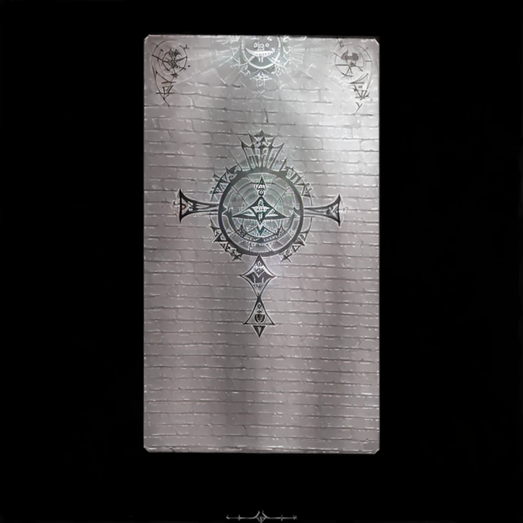 drawing of a fish on a piece lined with a shadow, runic etching, grimoire page, inscribed with occult symbols, tarot card layout, tarot card design, tattoo stencil, Black Tarot, [ Tarot card ]!!!!!, tarot card frame, leviathan cross, Unreadable Rosicrucian symbols, symmetrical tarot card, etched breastplate
