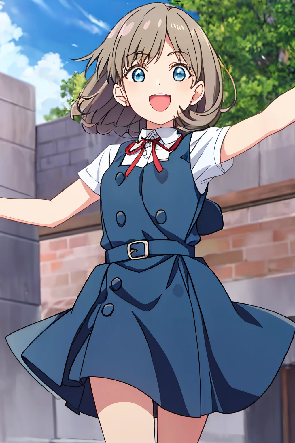 (depth of field: 0.75), \\ (cowboy shot: 1.4), blue (uniform: 1.4), pleated clothing, girl, bangs, :d, brown hair, blue eyes, pleated dress, earrings, neck ribbon, short hair, outdoor, {evening}, (blurry: 1), {{line art, anime screenshot}}} low Saturatury action, (noise:1)