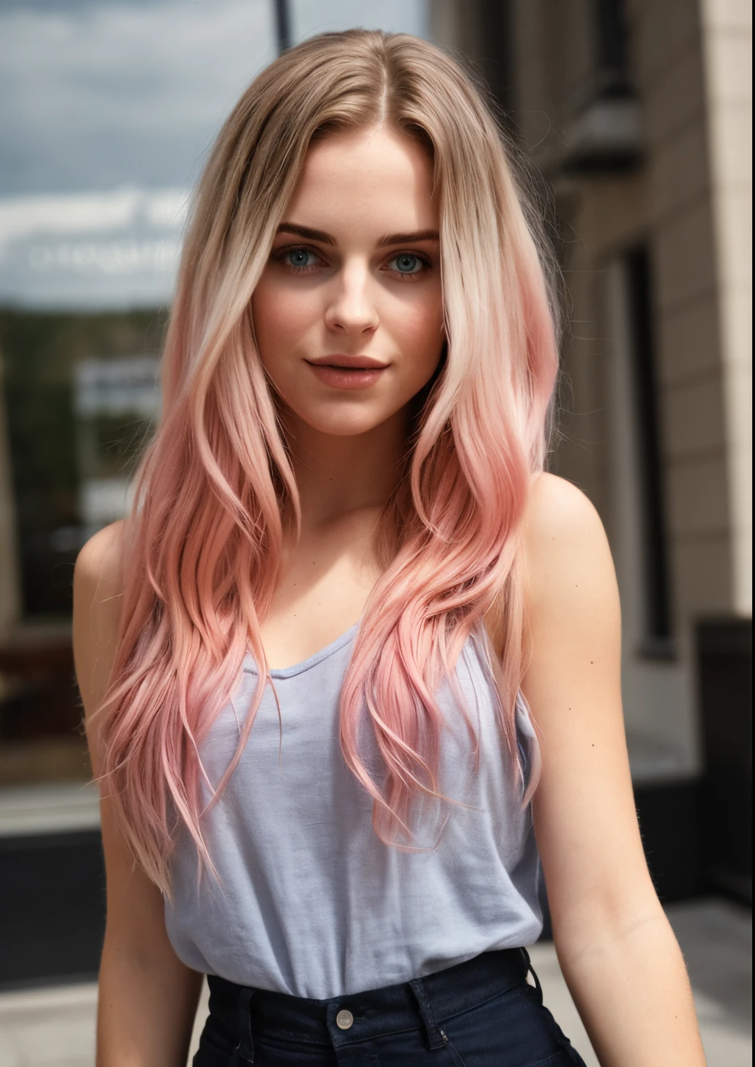 taken with iphone camera BREAK medium shot selfie of a pretty young woman BREAK (ombre:1.3) blonde pink BREAK film grain, medium quality