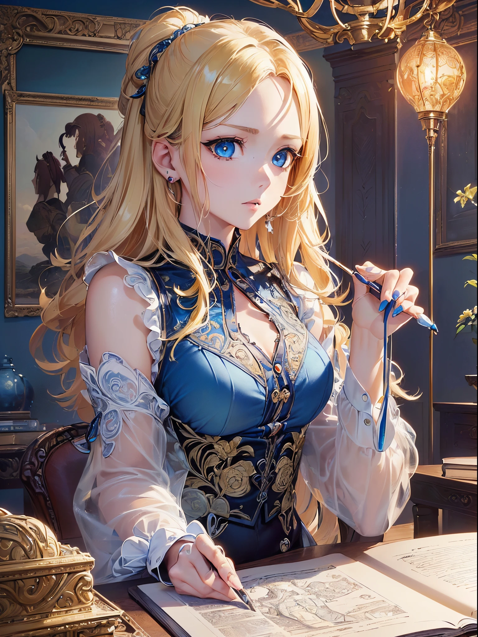 ((Finest quality)),(超A high resolution),(ultra-detailliert),(Meticulous portrayal),((Best Anime)),(Finest works of art),(Ultra-Precision Art),(The art of astounding depiction,Overwhelming depiction:1.5),(intricate and detailed art:1.6), (1 adult female:1.5),(blouse:1.6),(Glowing blonde hair:1.3),(clear blue eyes:1.5), Know,Erudition,knowledge,wisdom