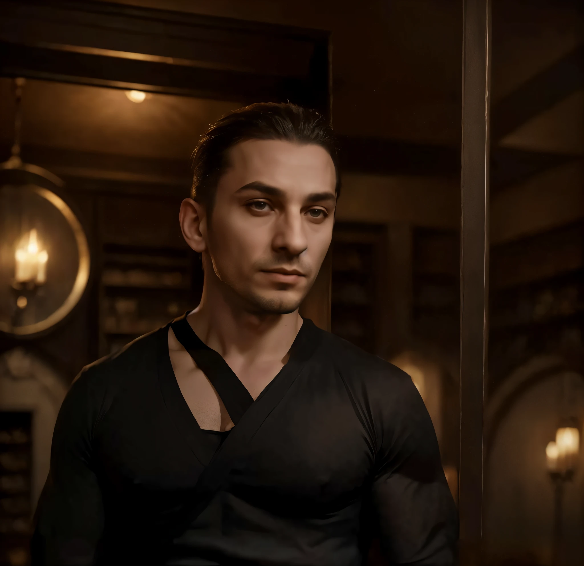 Arafed man in a black shirt stands in a room with the lights on, Калеб из Critical Role, anton fadeev 8 k, based on Galen Dar, male vampire of clan banu haqim, Cinematic body shot, l Critical role, matte painting portrait shot, maxim shirkov, Frank Dillane as Puck, based on Alexis Grimou
