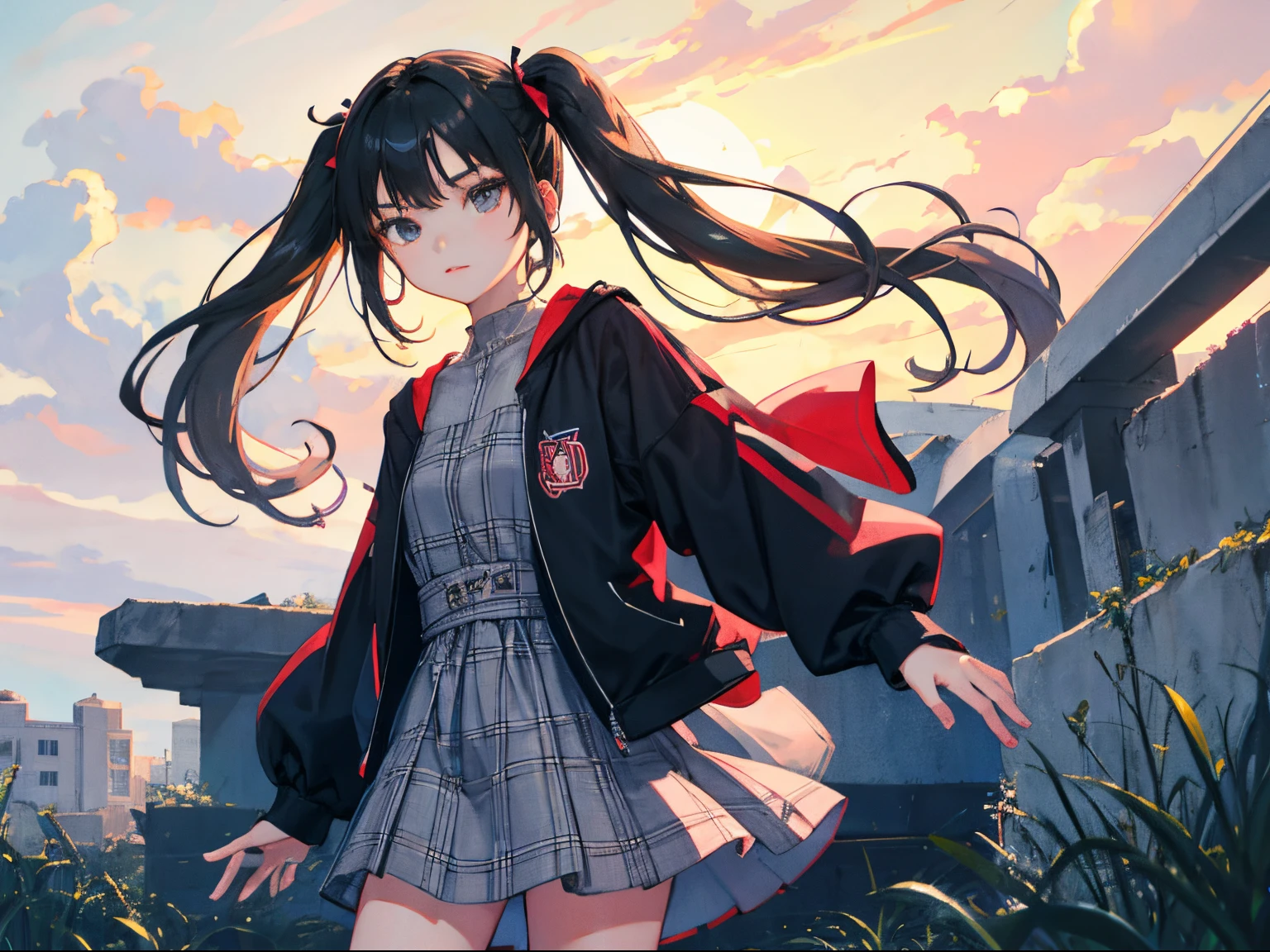 ,(masterpiece,Highest Quality),(Gray plaid zip-up dress:1.4),shortsleeves,student clothes,long twintail,A dark-haired,The wind is blowing
