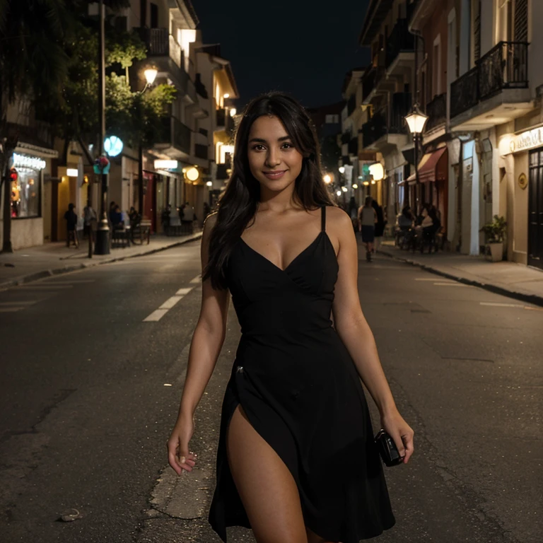 Photograph of 1 stunning 23-year-old girl , black cocktail dress , cabello moreno ,en una calle concurrida , imagen de retrato, sonriente, staring at the camera , Spectacular lighting, splendid, (escote profundo), photo session, occidental, (Obra maestra), La mejor calidad, High resolution, Antecedentes extremadamente detallados, piel con poros, , Film Lighting Completed