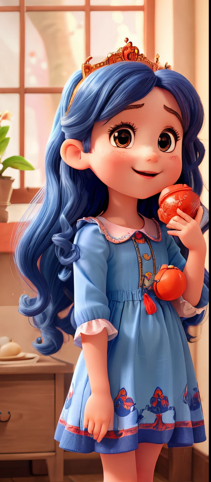 a  lovely kid giLong curly hair，red little face，Mouth that smiled，blue princess dress