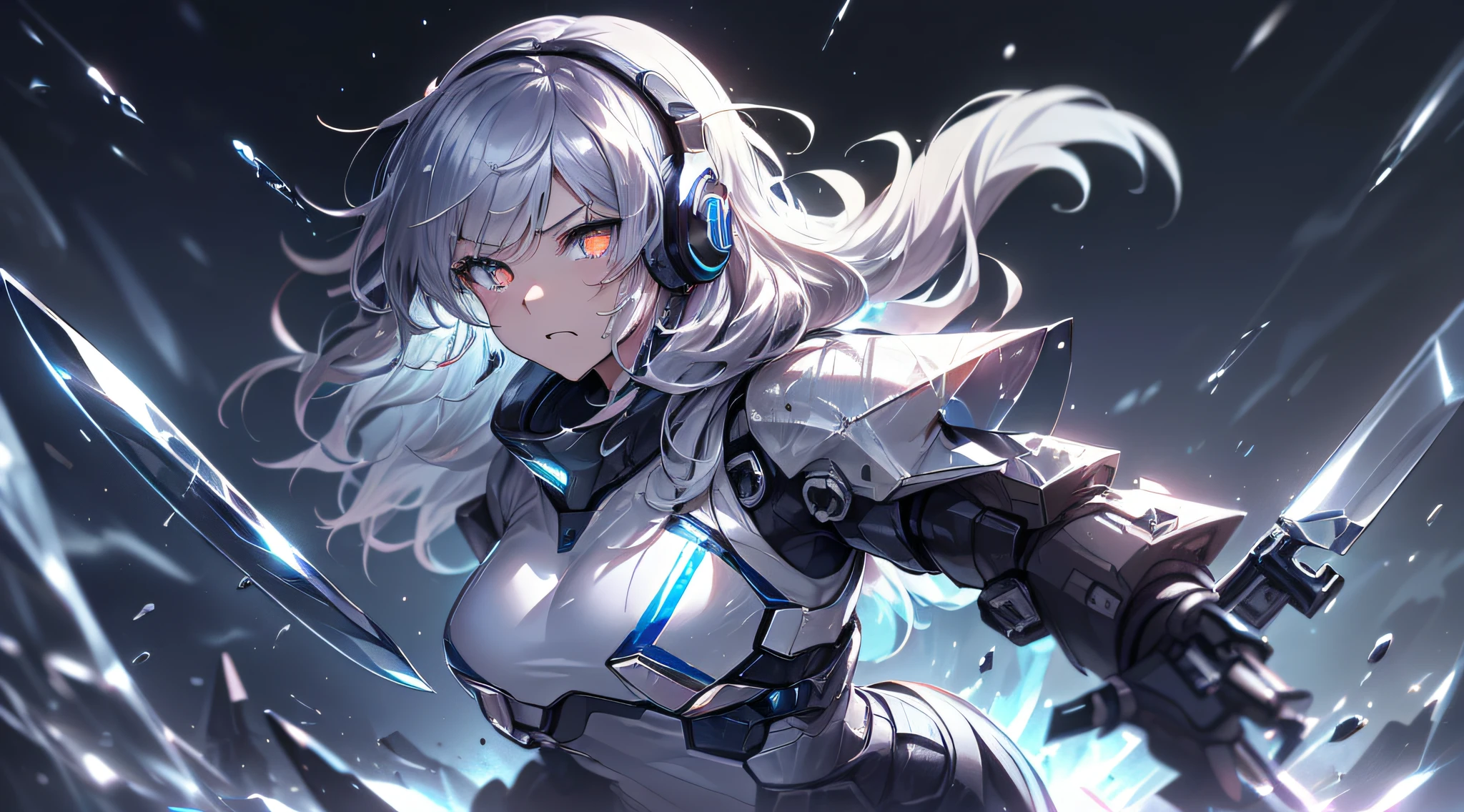 top-quality、Top image quality、​masterpiece、girl with((black and white mecha suit、Glowing mech suit、18year old、 Ager、cute little、Best Bust、big bast,Beautifully shining purple eyes open wide, Messy silver hair、Longhaire、A slender,big moves in volleyball,sharp claws、he has a long knife in his right hand.、he has a short knife in his left hand.、head phone、fighting poses、Lonely face、running splatter)),hiquality、Beautiful Art、Background with((Midwinter world、Oshukubuki、Crystal Tower)))、,masutepiece、depth of fields,Cinematic style