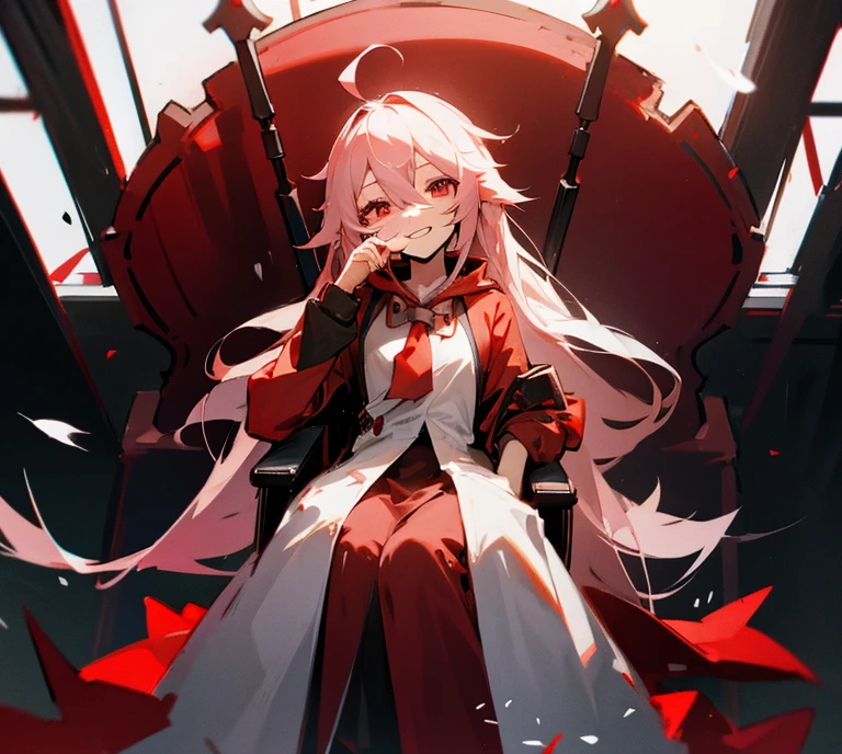 IA, Vocaloid, red hood, white earphones, standing on the throne, grinning, red eyes