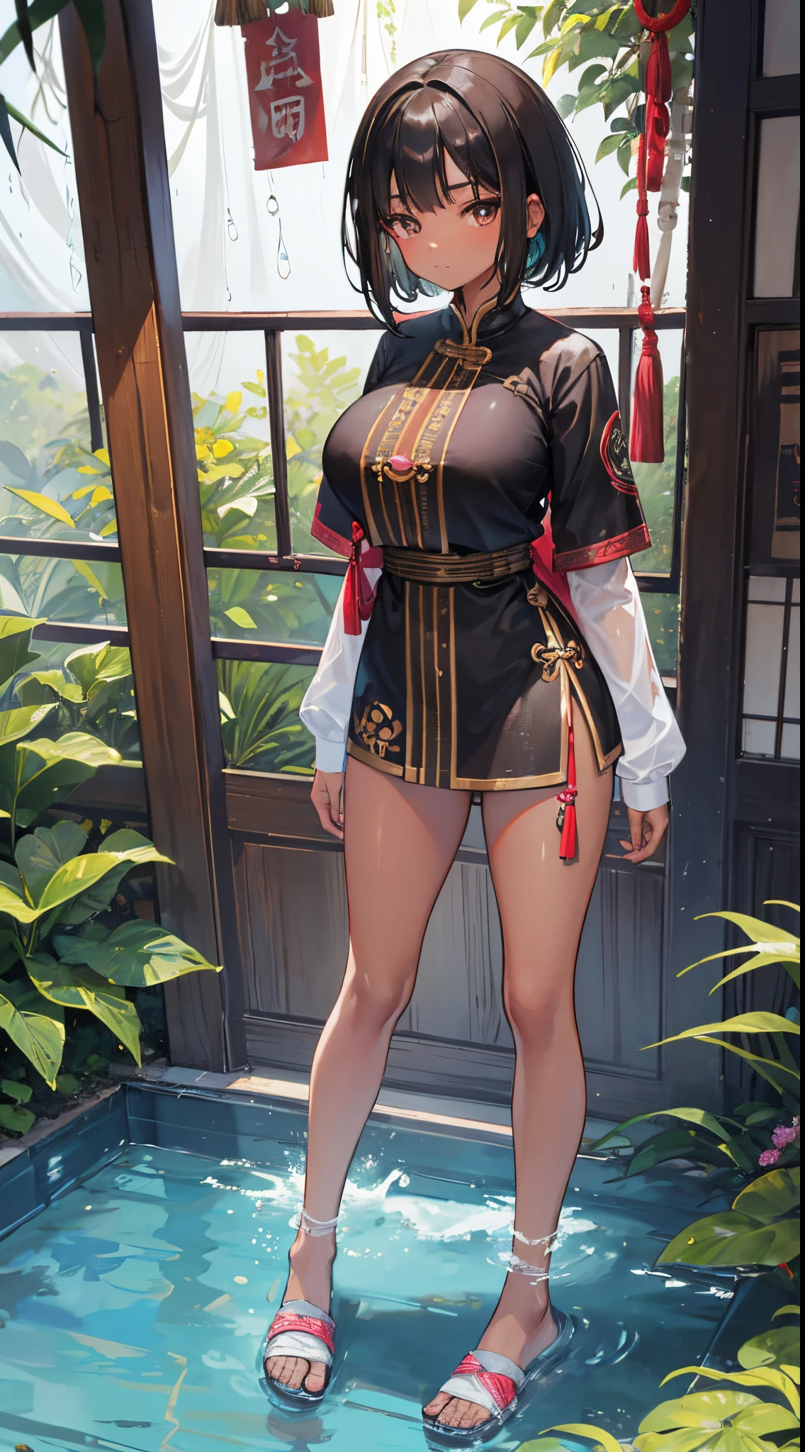 13 year old girl,huge breastare feet,Brown skin，Southeast Asian girl，with black curled hair，Southeast Asian decorations，Southeast Asian peopleull body like，standing，Black colored eyes，It rained heavily，pond side，grimy