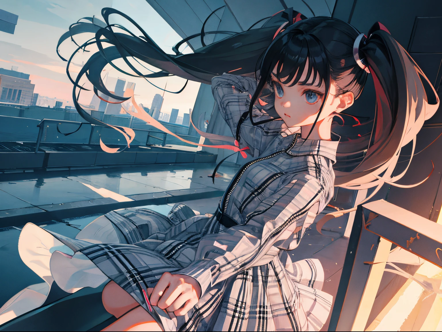 child,(masterpiece,Highest Quality),(Gray plaid zip-up dress:1.4),shortsleeves,student clothes,long twintail,A dark-haired,The wind is blowing,mid air