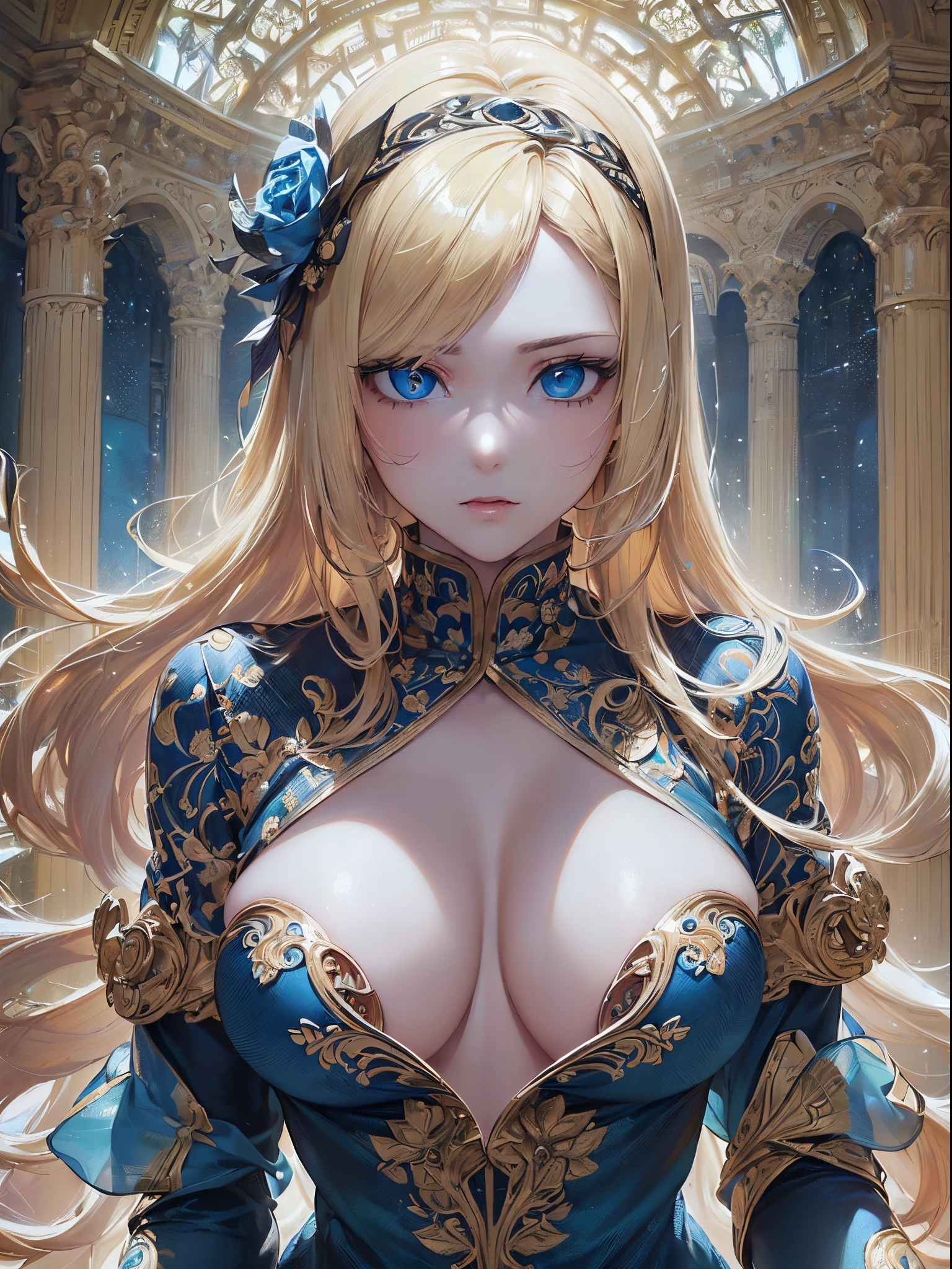 ((Finest quality)),(超A high resolution),(ultra-detailliert),(Meticulous portrayal),((Best Anime)),(Finest works of art),(Ultra-Precision Art),(The art of astounding depiction,Overwhelming depiction:1.5),(intricate and detailed art:1.6), (1 adult female:1.5),(blouse:1.6),(Glowing blonde hair:1.3),(clear blue eyes:1.5),huge tit, Know,Erudition,knowledge,wisdom