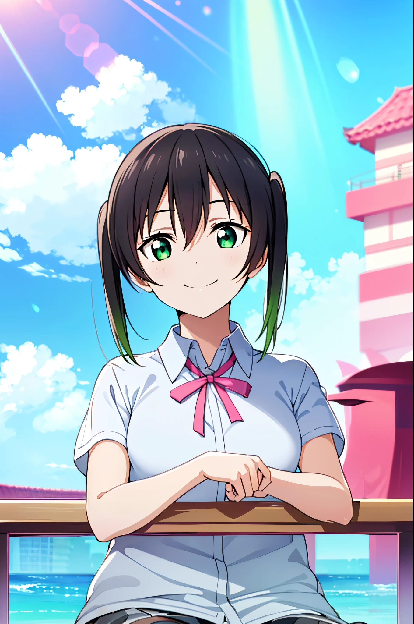 (Best Quality, masutepiece:1.2), 1girl in, Solo, (Upper body:1.2),  Looking at Viewer, Standing, Smile, Sunlight, Lens Flare, Light on Face, skyporn, Blue sky, Sitting, gloweyes, From below, Closed mouth, Beautiful blue sky,
takasaki yuu, nijigasaki academy school uniform, multicolored hair, Green eyes, black thighhighs, Twin-tailed, Black hair, Short sleeves,  Summer uniform, Pink Neck Ribbon, hair between eye, breasts