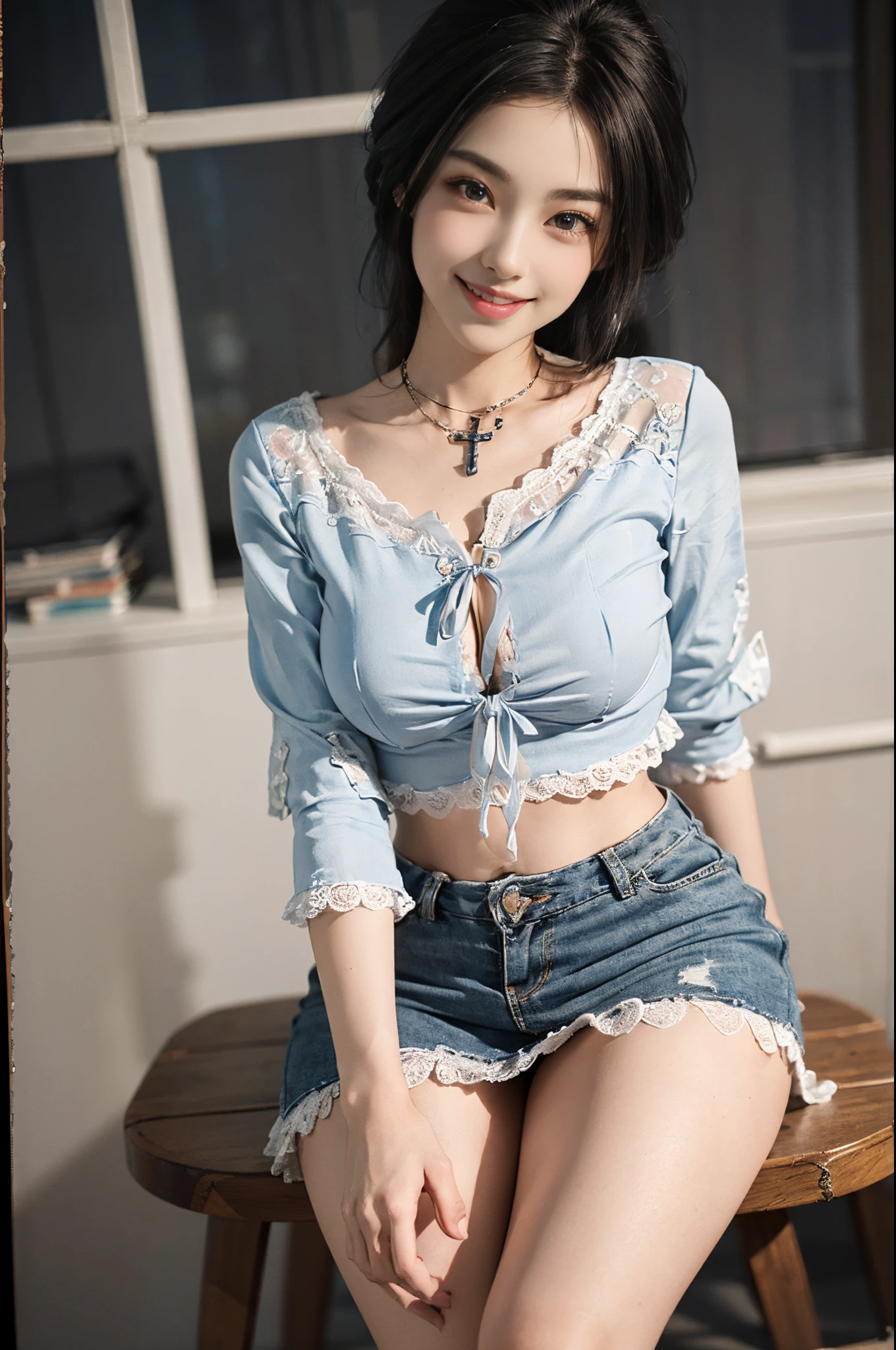 Special clothes44,lace trim,midriff,shirt,miniskirt,,(cowboy shot),Beautiful girl, Young female model, Sweet girl, Inside the room, sit on chair, deck chair, Cross ed leg, tmasterpiece, Best quality, Extremely detailed description, Ultra-fine painting, delicated face, slim toned body,grinning smile, Hefty Smile