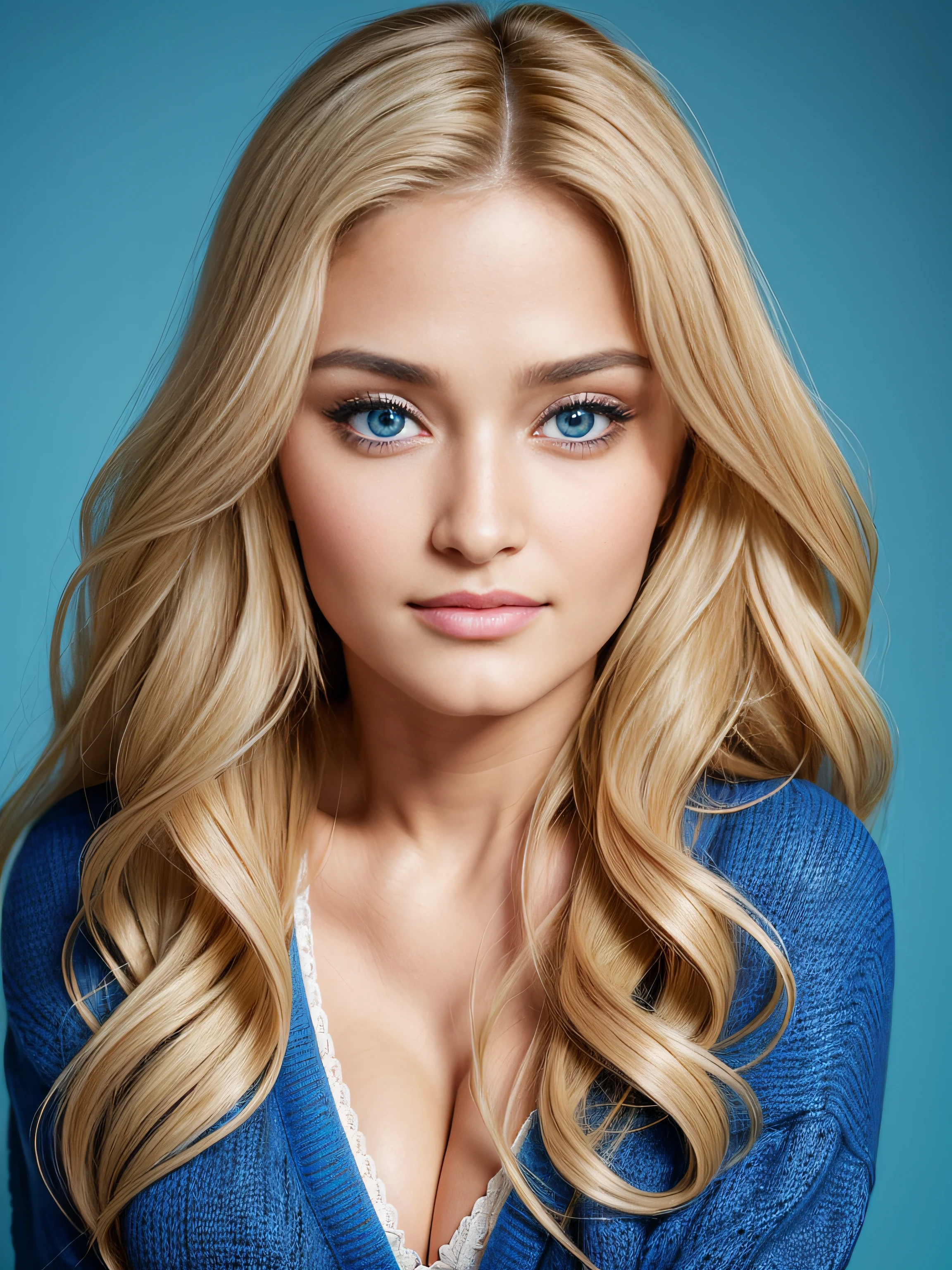 (Masterpiece+realistic), long wavy blonde hair, inspired by Salma Hayek and Aishwarya Rai, gorgeous woman, very beautiful woman, 30 years woman, clean skin, tanned skin, very symmetric face, (very broad face:1.4), big round blue eyes, large blue eyes, (round blue eyes:1.4), (prominent cheekbone:0.8), (broad cheeks:1.3), (chubby cheeks:1.3), (broad jaw:1.6), (broad chin:1.2), very beautiful chin, brown eyebrows, (thin eyebrows:1.2), (full lips:1.4), (closed smiling expression), wearing a pink cardigan sweater, white backdrop, Francesca Amfitheatrof photoshoot