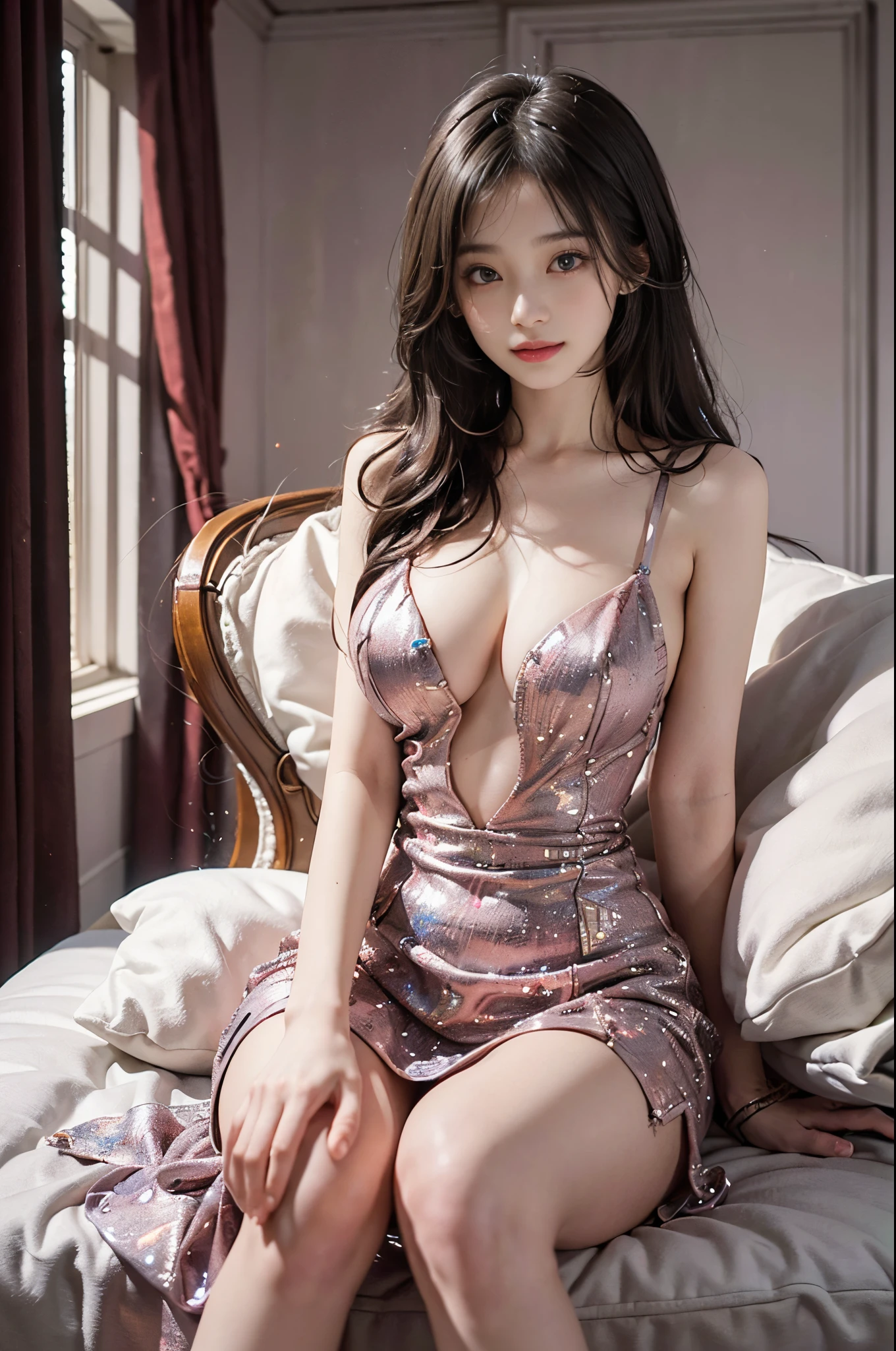 Special clothes47,jewelry,dress,(knee shot), (from below), tmasterpiece,Best quality at best,offcial art,extremely detaild的 CG unified 8k wallpapers, (HighDynamicRange:1.4), (Cinematic), (pastel colour, dull colors, Soothing tone:1.3), (Natural skin texture, Hyper-realism, softlighting, Sharp),(The is very detailed), profesional lighting, Radio City,((1个Giant Breast Girl,20yr old)), inside bedroom, cold light,Best quality at best, A lot of detail, tmasterpiece, ultra - detailed, illustratio, Extremely delicate and beautiful girl, 美丽细致的眼睛,8K_Wallpapers,Beautiful Meticulous Girl, looking at viewert, messy hair, Large breasts ,Recline on the sofa,ssmile,Sweet smile