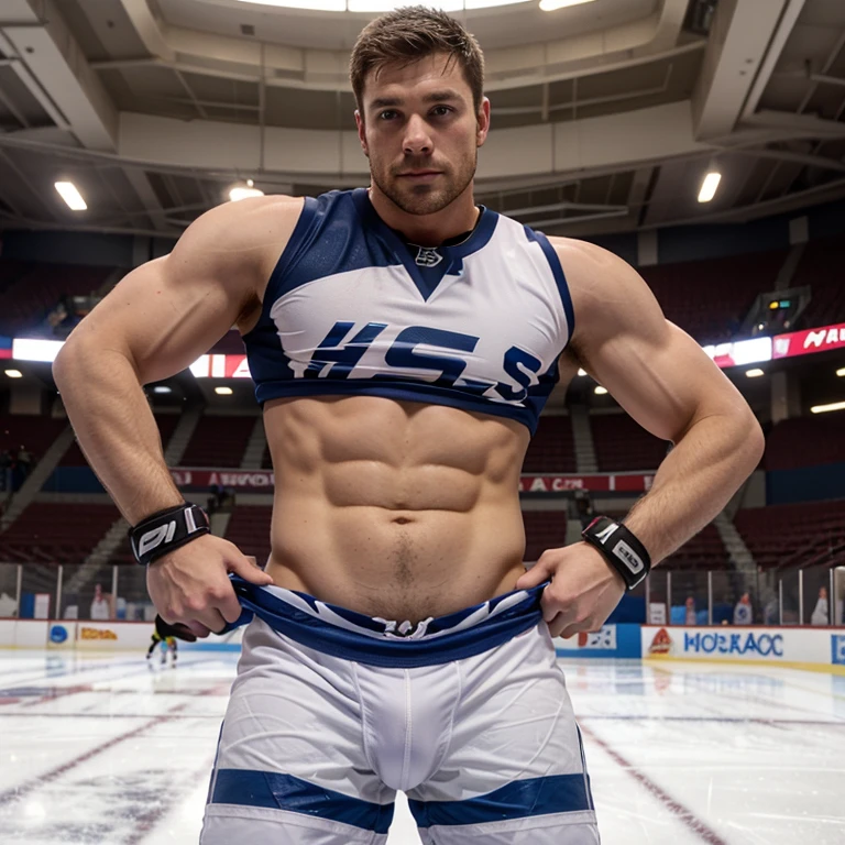 Evans as a hot ice hockey player, massive bulge, muscular body, hot jock, in an ice rink
